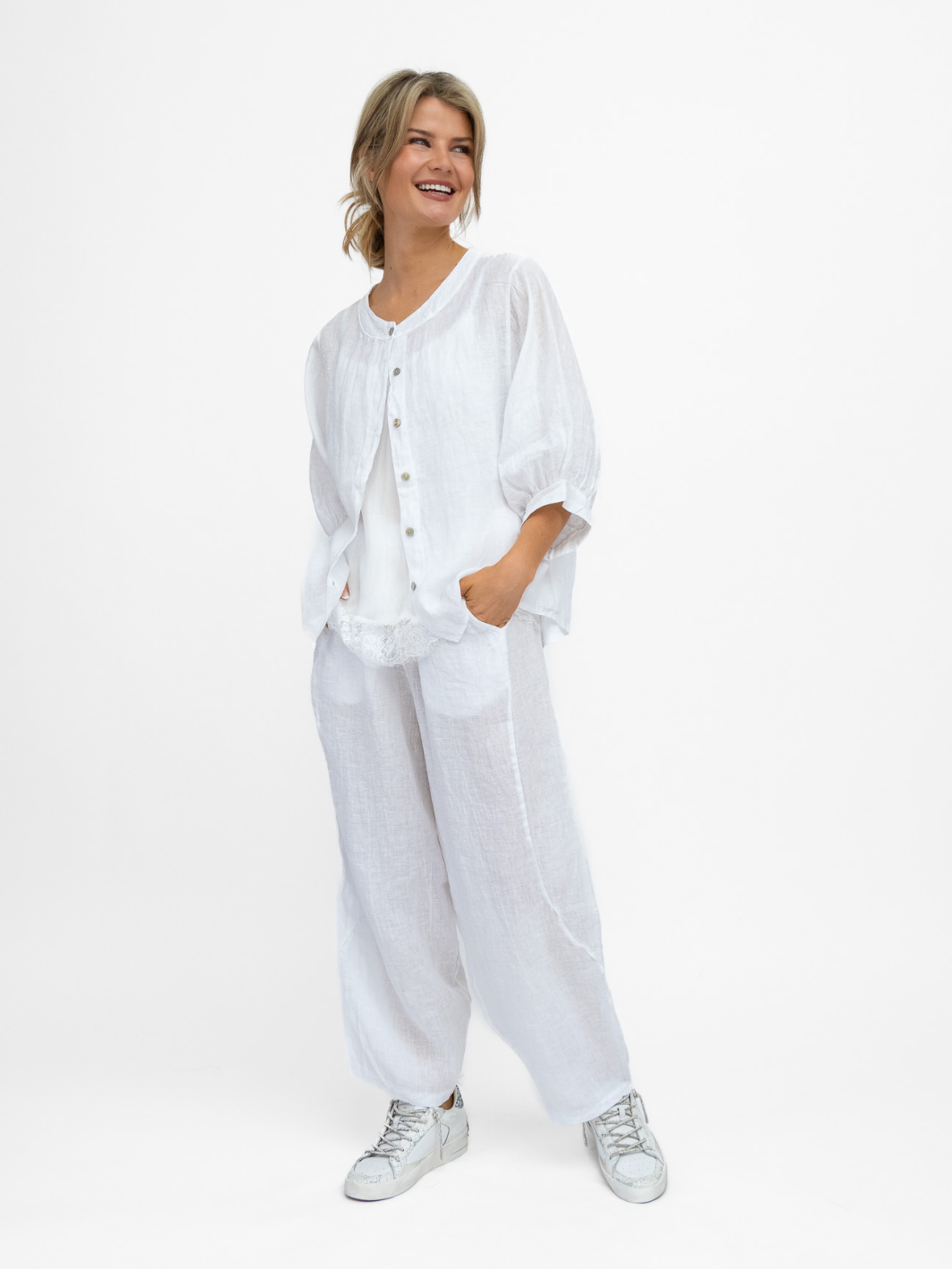 Diffusion By Kate Trousers One Size Barrel Linen Cropped Trousers In White