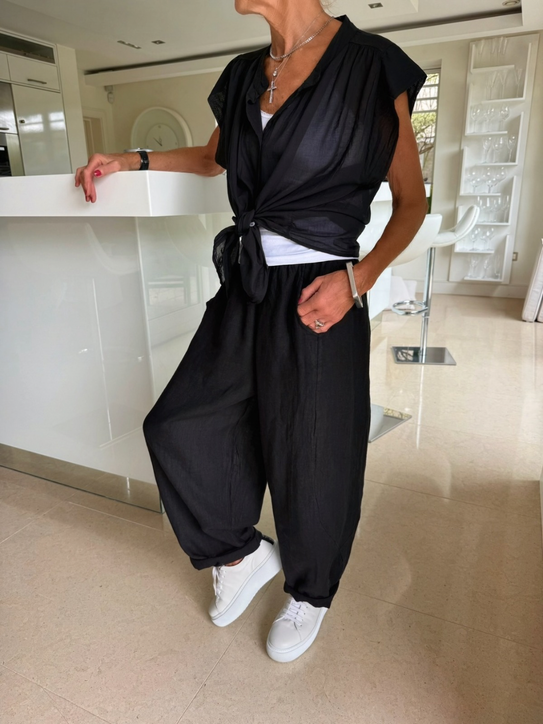 Diffusion By Kate Trousers One Size Barrel Linen Loose Fit Trousers In Black
