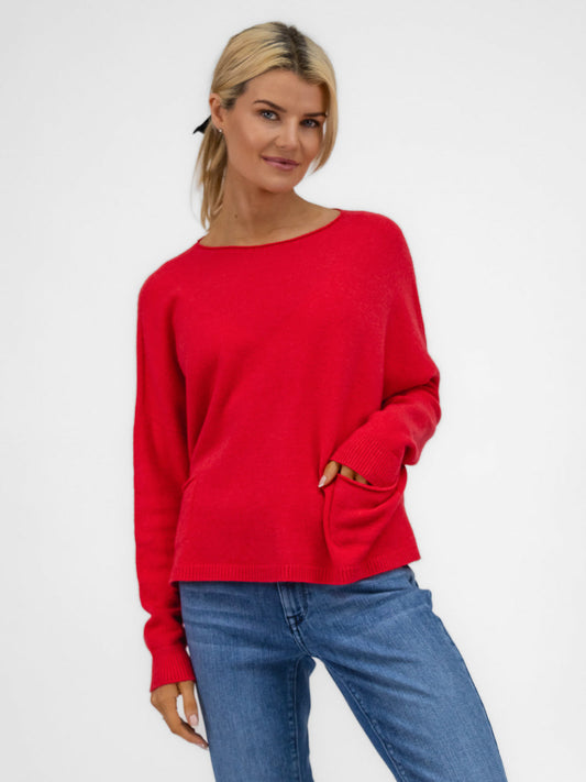 Diffusion.ie Knitwear One Size Polly Knit Jumper With Pockets In Raspberry Red