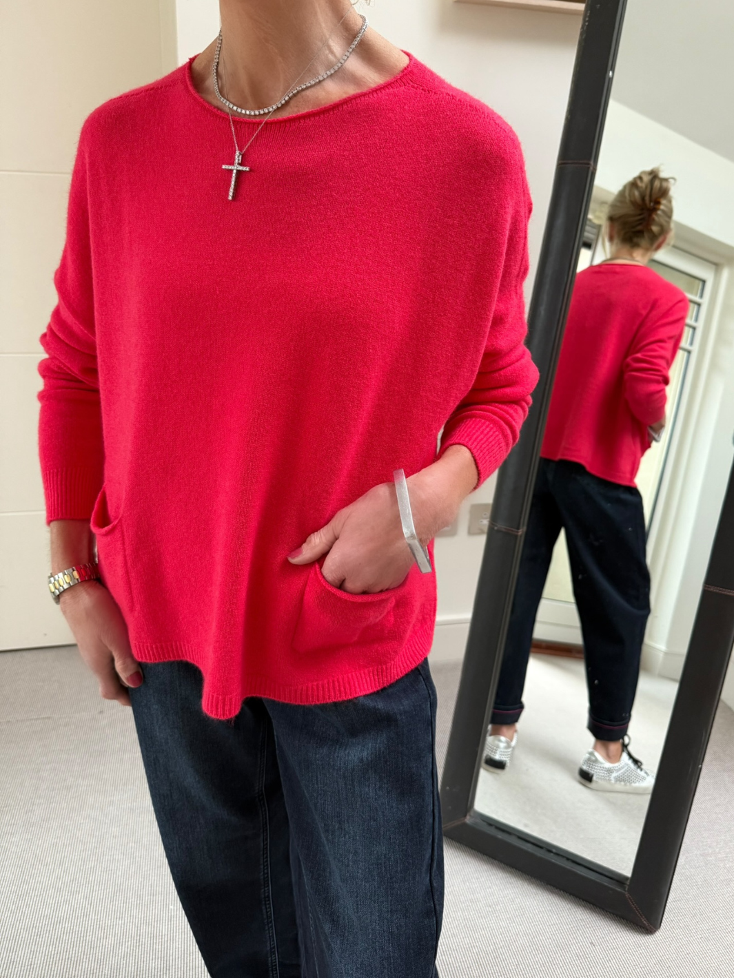 Diffusion.ie Knitwear One Size Polly Knit Jumper With Pockets In Raspberry Red