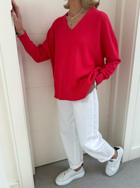 DIFFUSION.ie Knitwear One size Sienna V-Neck Jumper in Raspberry Red
