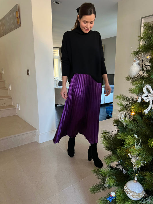Diffusion.ie Skirt Kelly Pleated Long Satin Skirt in Purple Berry