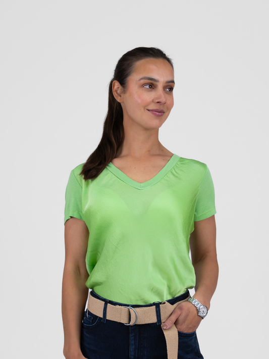 Diffusion.ie Tops One Size Bias Cut Silky V Neck Tee In Lime