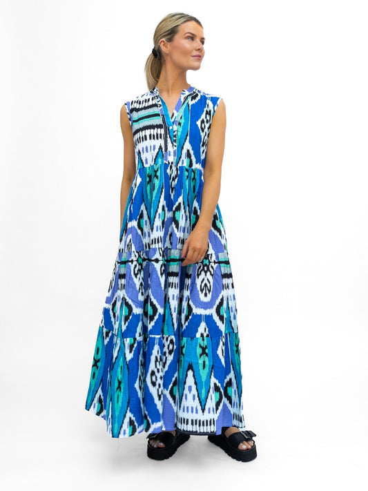 Dream Dresses Dress Geisha Maxi Dress In Ikat Blue Aqua Print
