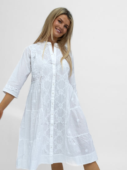 Dream Dresses Dress Milton Cotton Beach Dress Cover Up In White With Embroidery