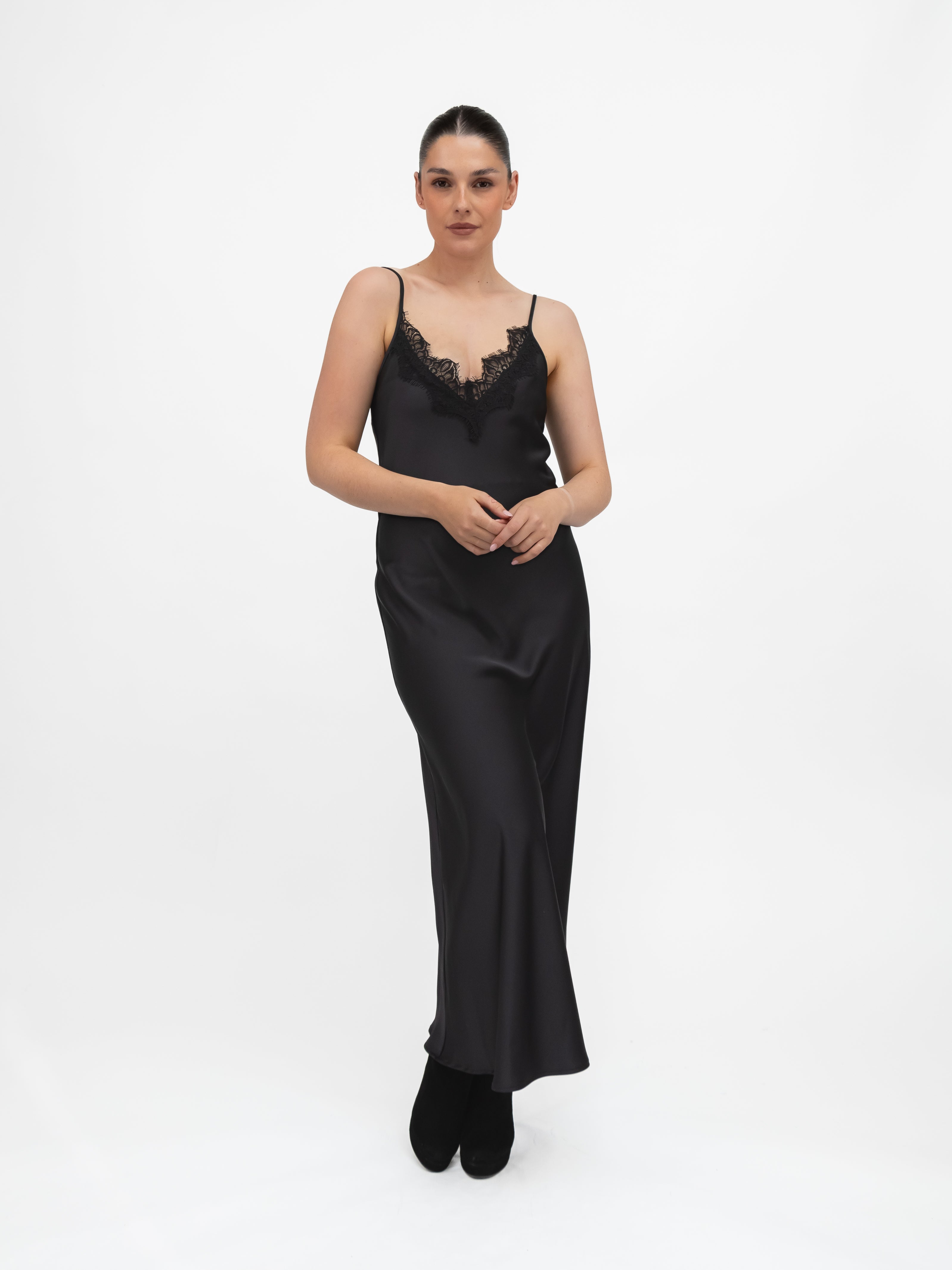 Italian Collection Dress Long Dress with Straps and Lace V-Neckline in Black