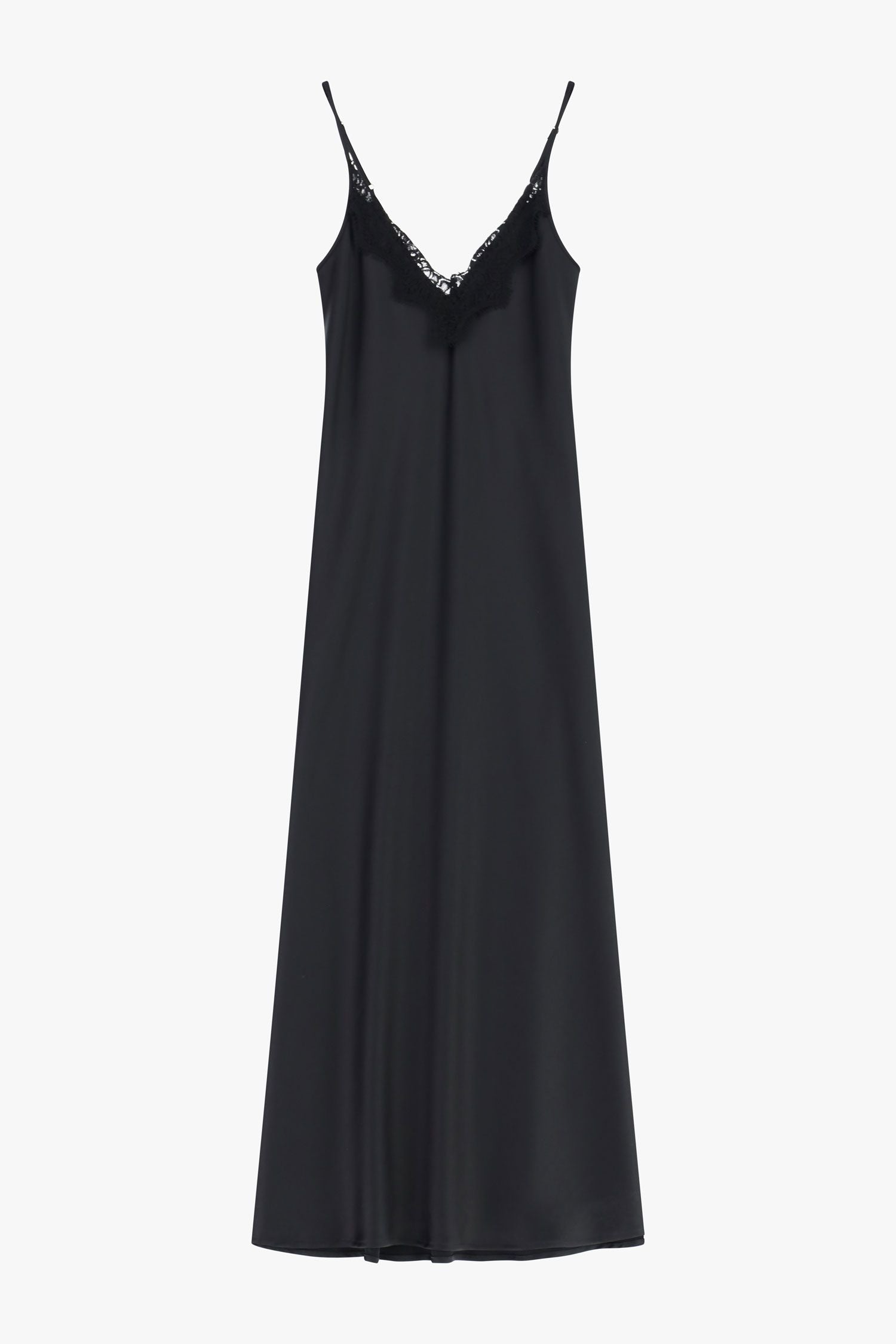 Italian Collection Dress Long Dress with Straps and Lace V-Neckline in Black