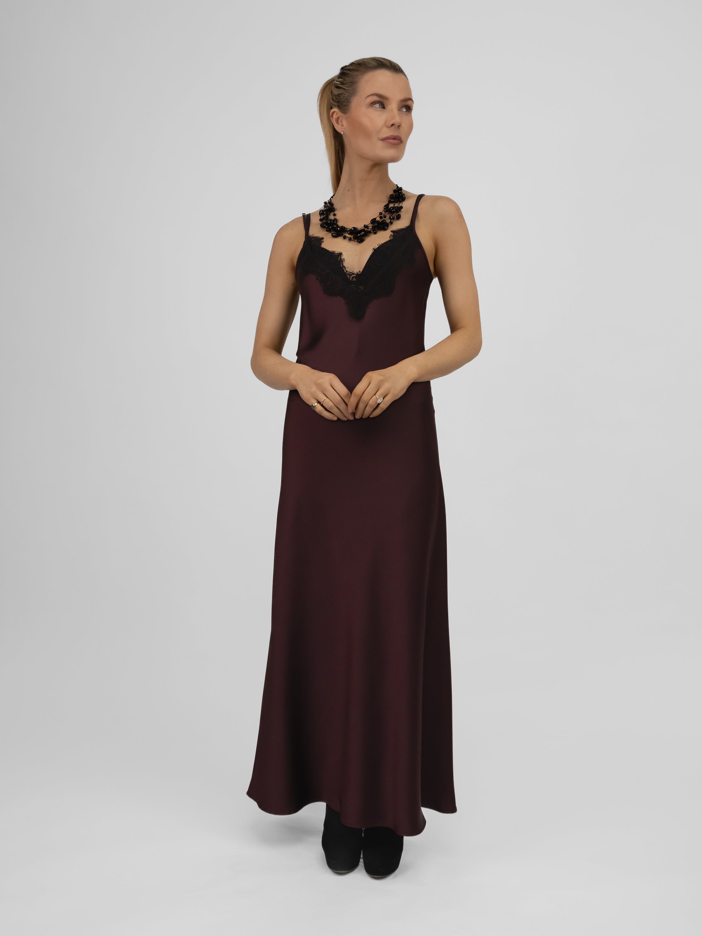 Italian Collection Dress Long Dress with Straps and Lace V-Neckline in Burgundy