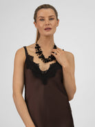 Italian Collection Dress Long Dress with Straps and Lace V-Neckline in Chocolate Brown