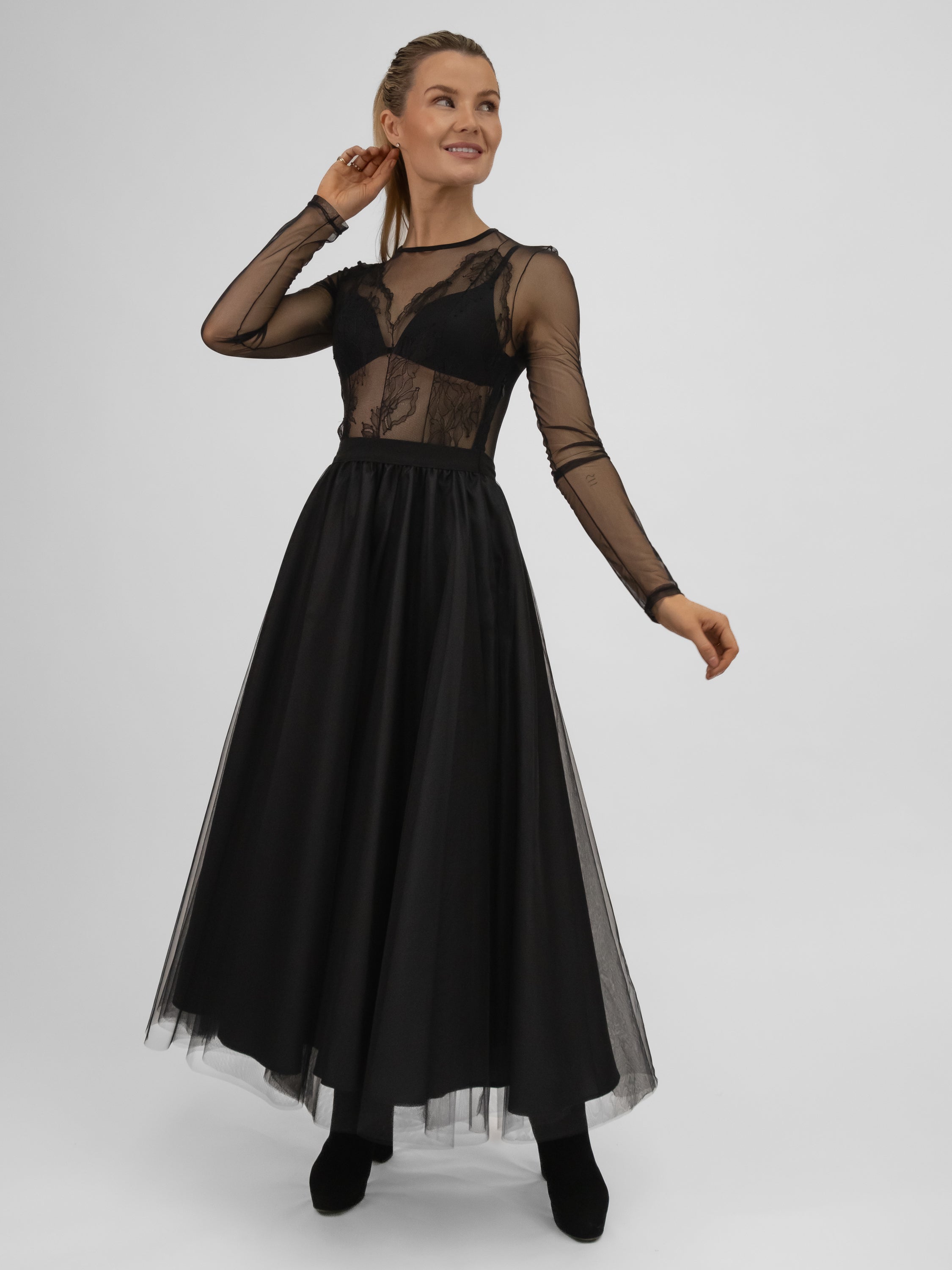 Italian Collection Dress Tulle Dress with Long Sleeves and Embroidered Bodice