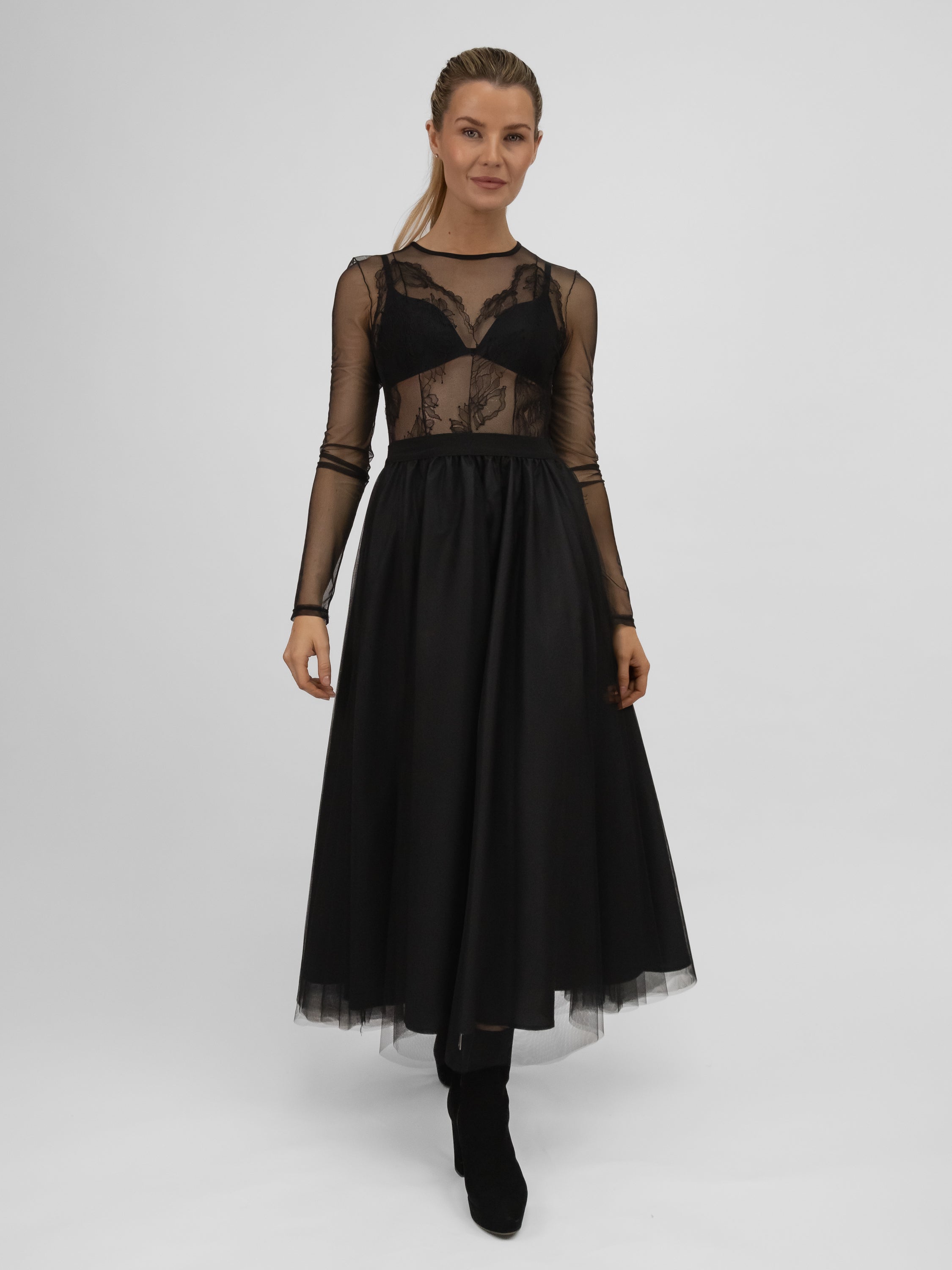 Italian Collection Dress Tulle Dress with Long Sleeves and Embroidered Bodice