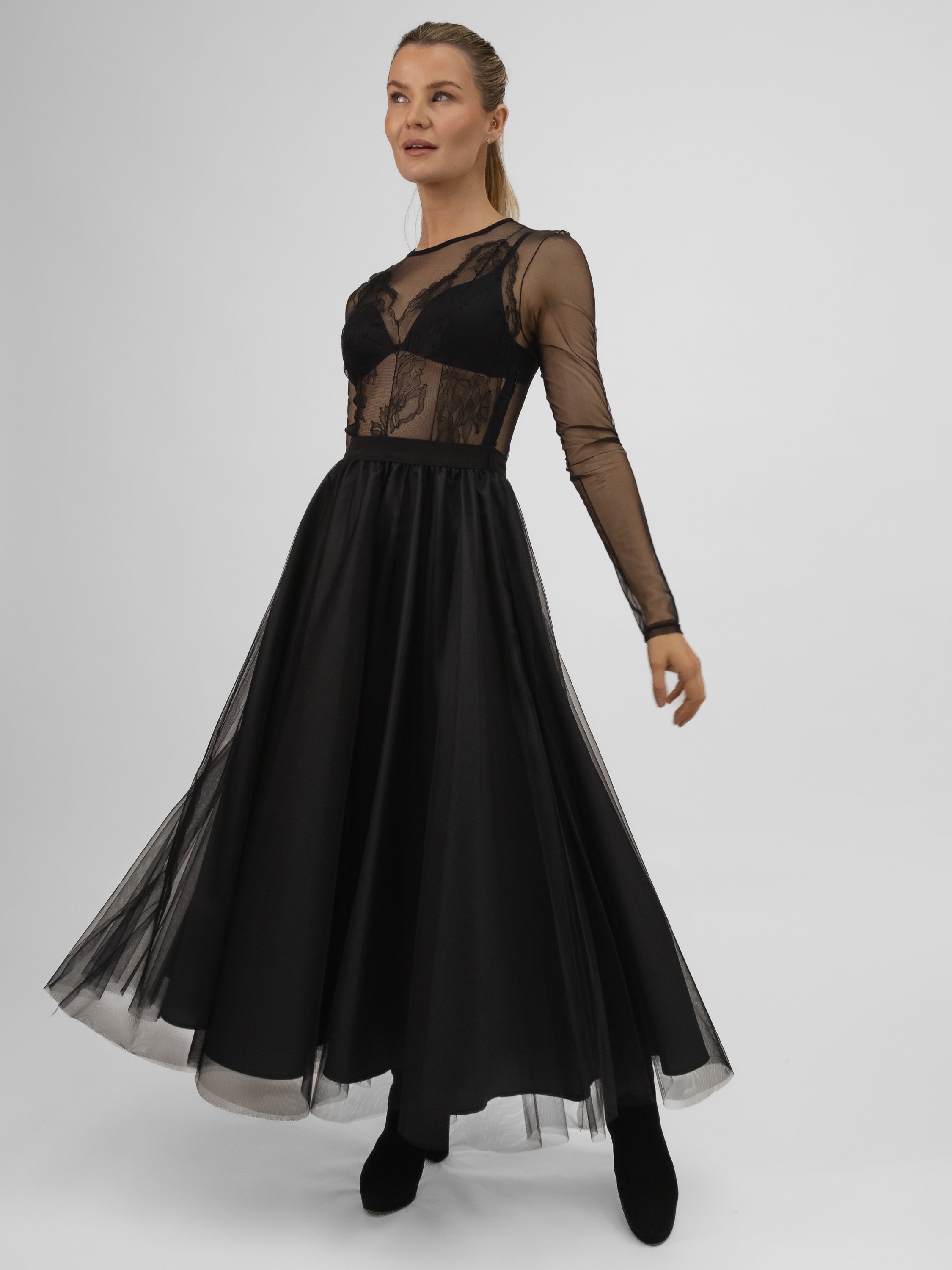 Italian Collection Dress Tulle Dress with Long Sleeves and Embroidered Bodice