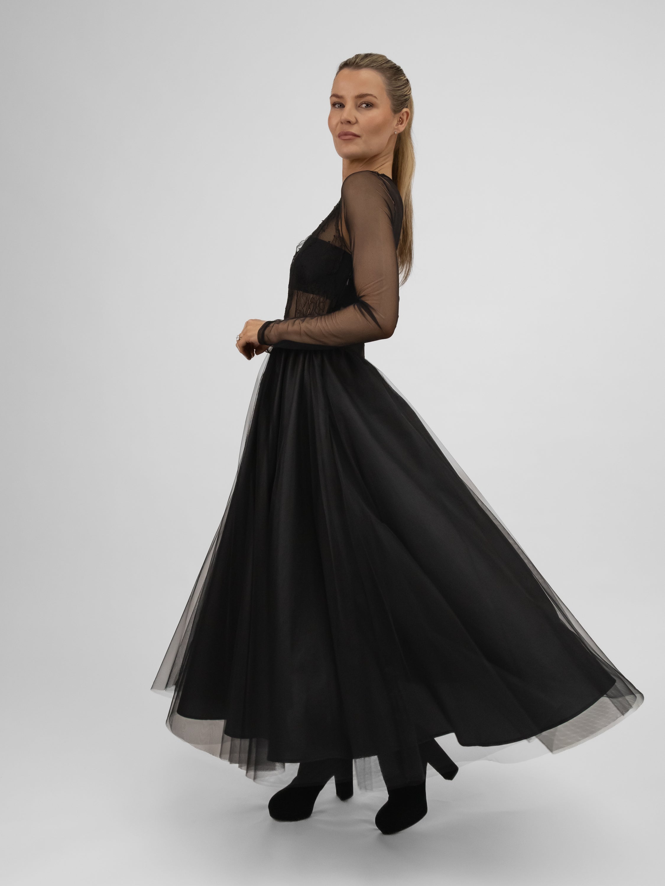 Italian Collection Dress Tulle Dress with Long Sleeves and Embroidered Bodice