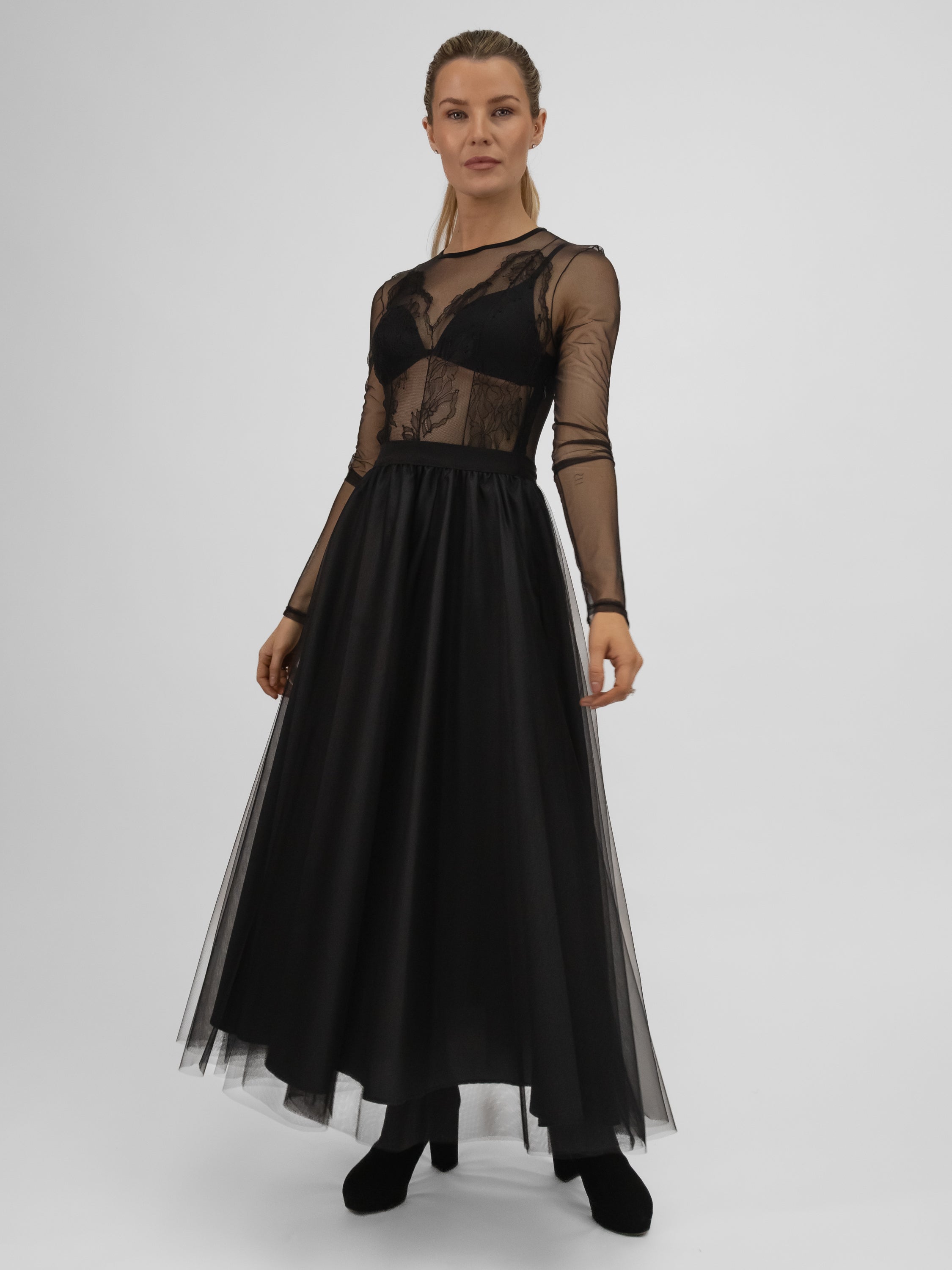 Italian Collection Dress Tulle Dress with Long Sleeves and Embroidered Bodice