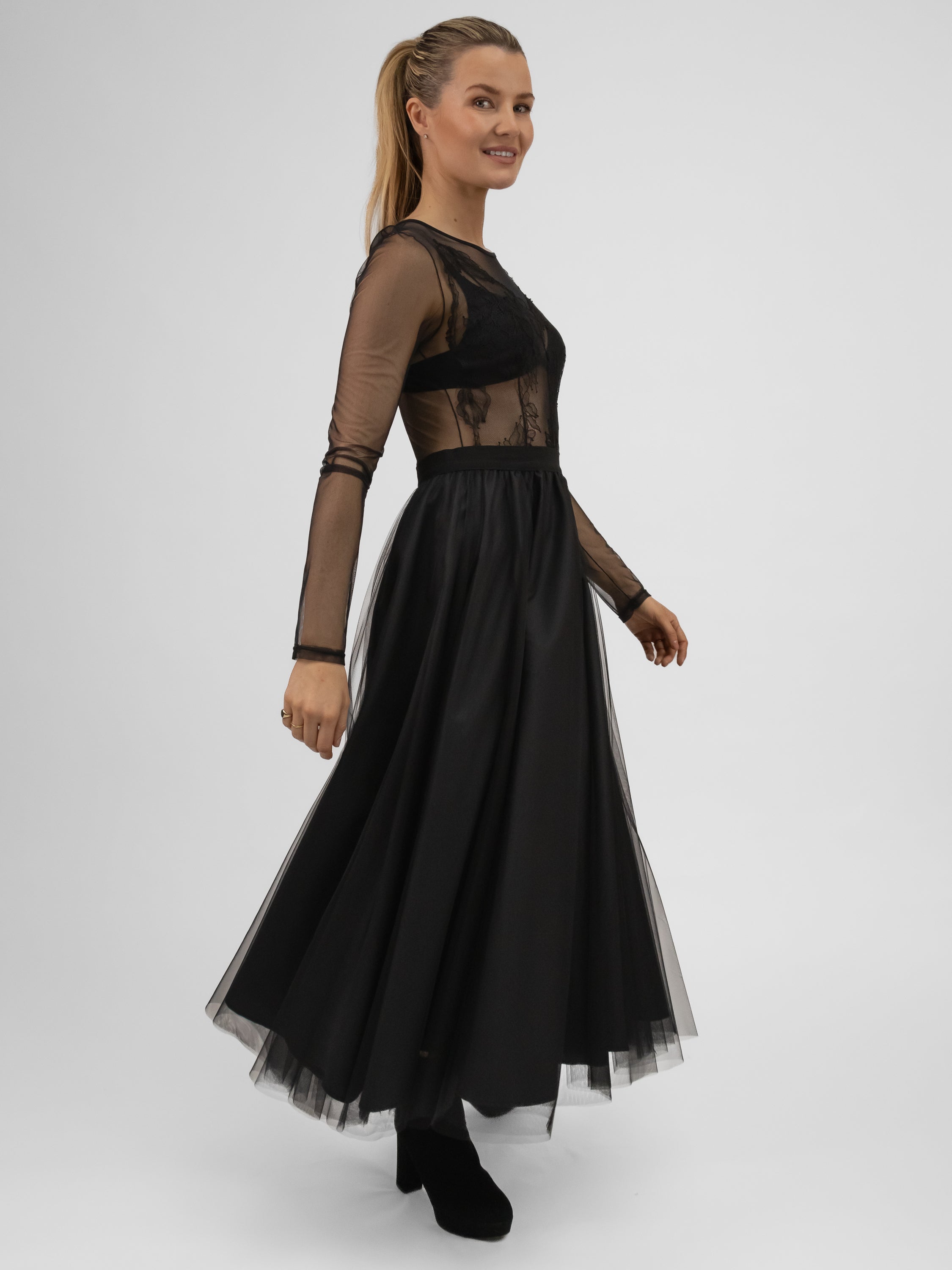 Italian Collection Dress Tulle Dress with Long Sleeves and Embroidered Bodice