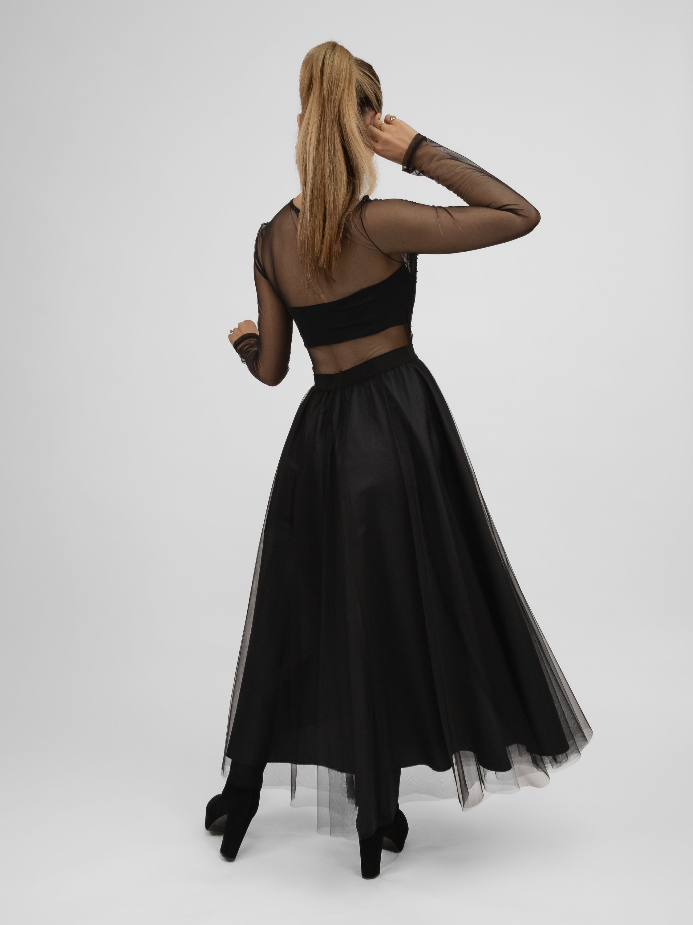 Italian Collection Dress Tulle Dress with Long Sleeves and Embroidered Bodice