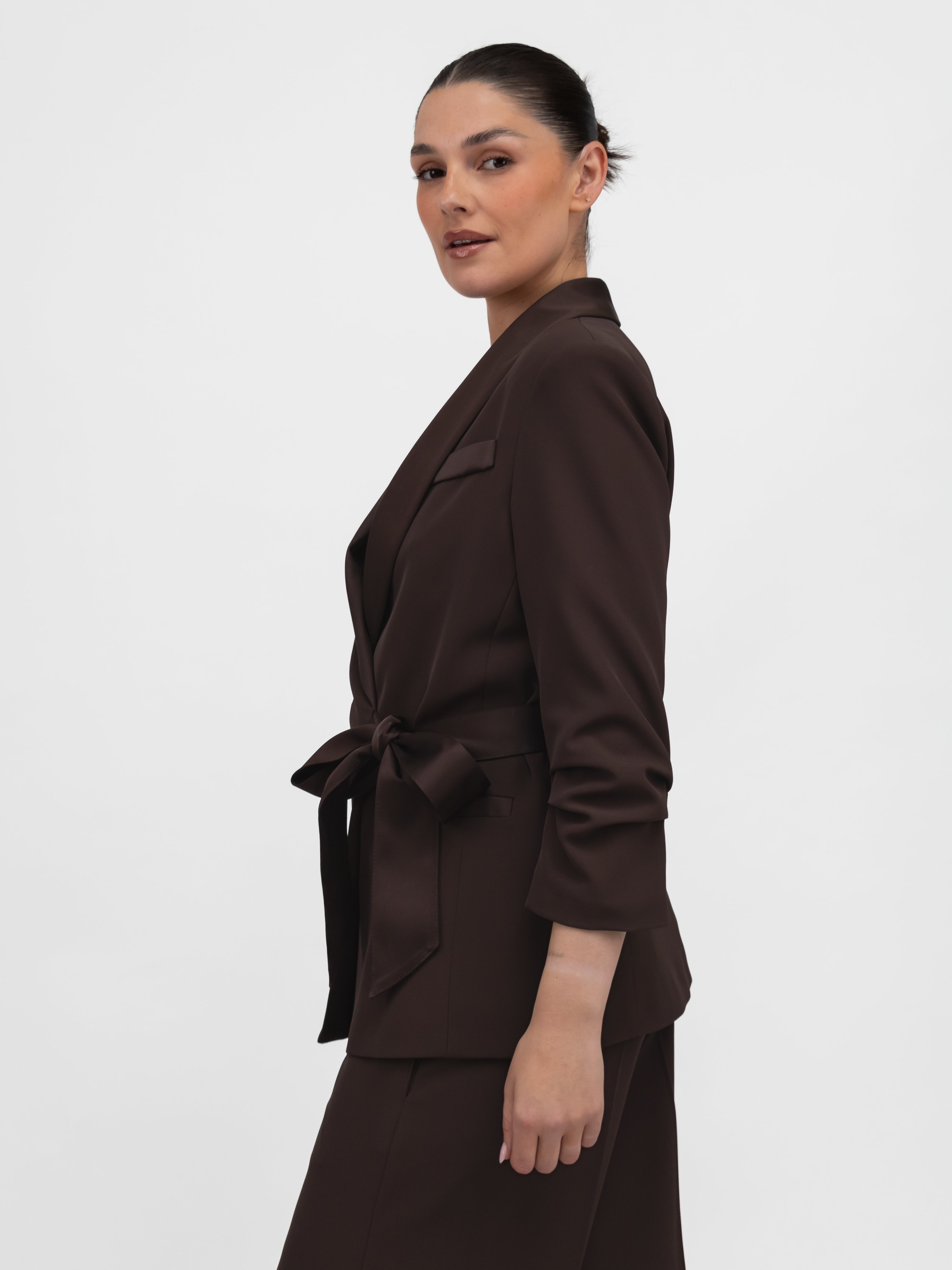 【Nalm.】ribbon-tailored jacket / brown Jacket with ribbon tie and satin-effect lapel in in Chocolate