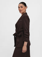 Italian Collection Jacket Blazer with side closure and satin-effect lapel in in Chocolate Brown