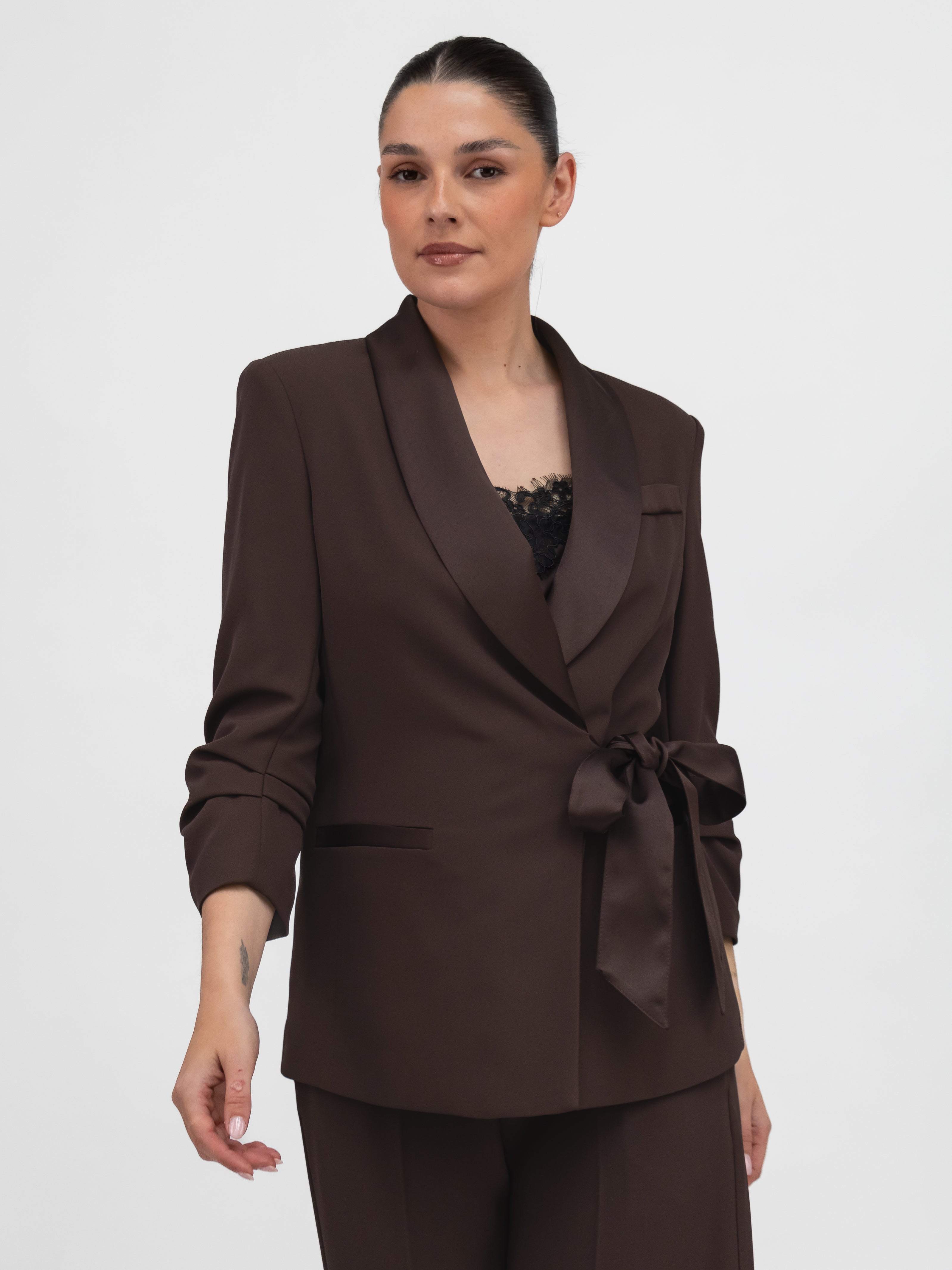 Italian Collection Jacket Blazer with side closure and satin-effect lapel in in Chocolate Brown