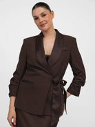 Italian Collection Jacket Blazer with side closure and satin-effect lapel in in Chocolate Brown