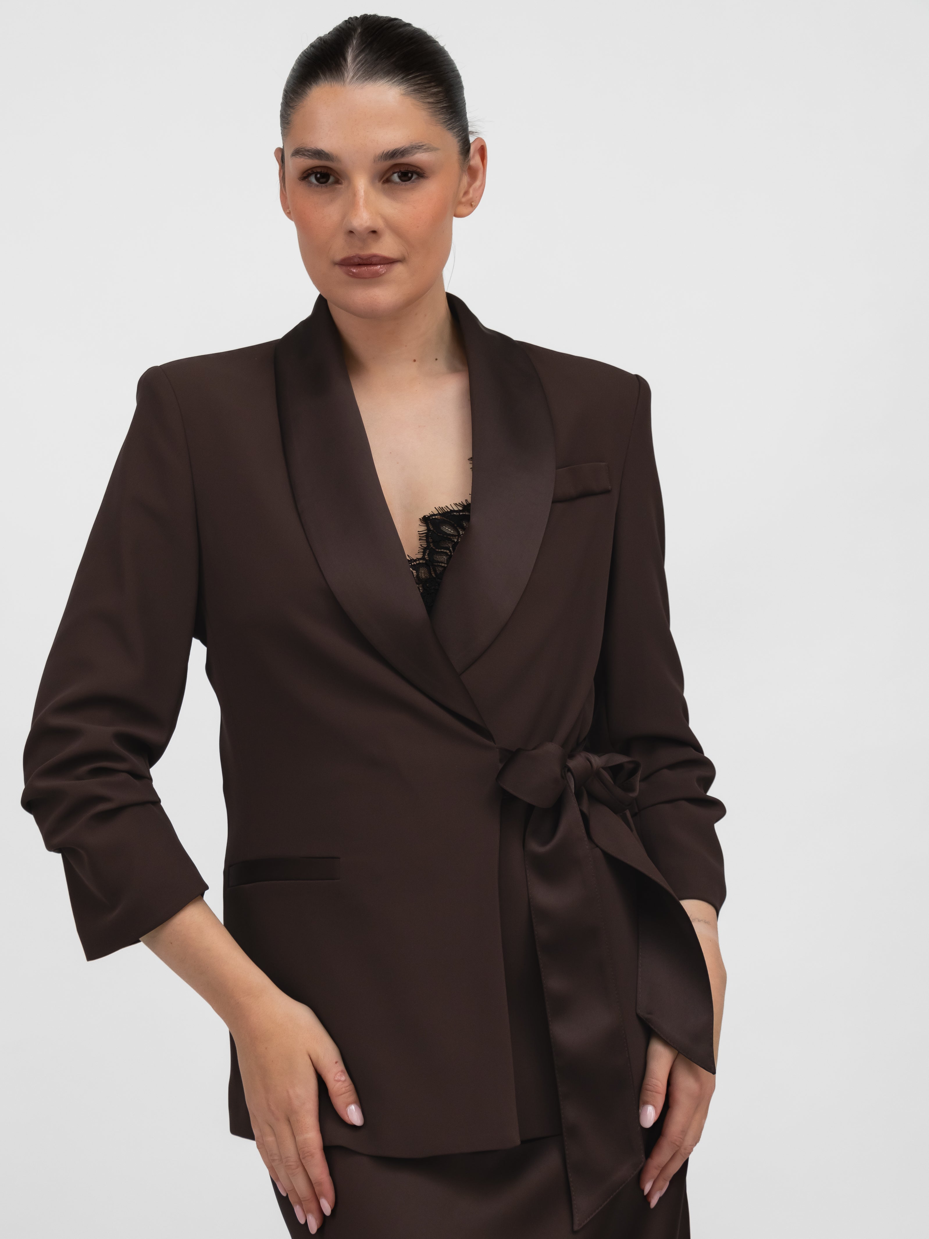 Italian Collection Jacket Blazer with side closure and satin-effect lapel in in Chocolate Brown