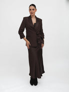 Italian Collection Jacket Blazer with side closure and satin-effect lapel in in Chocolate Brown