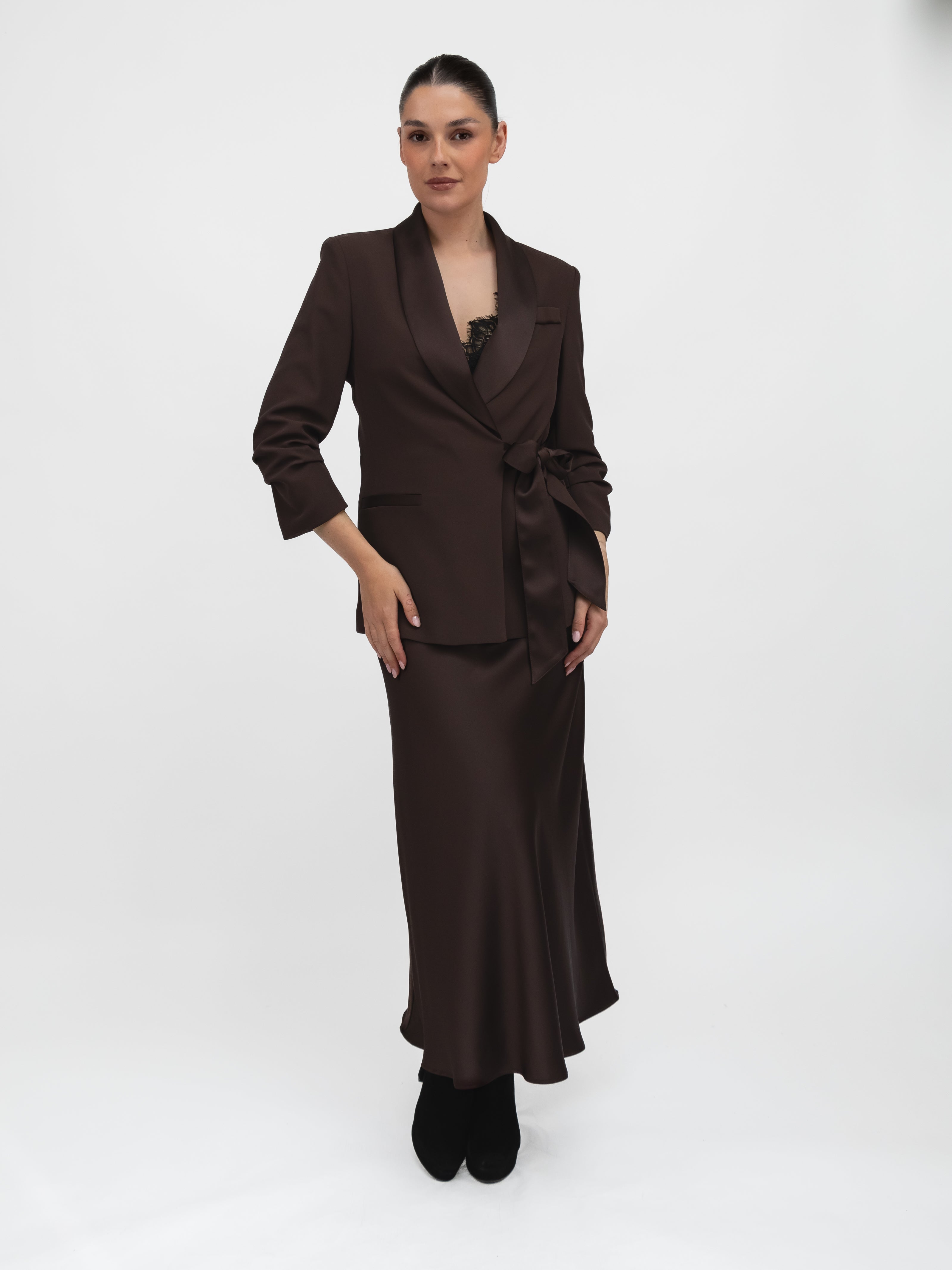 Italian Collection Jacket Blazer with side closure and satin-effect lapel in in Chocolate Brown