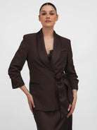 Italian Collection Jacket Blazer with side closure and satin-effect lapel in in Chocolate Brown