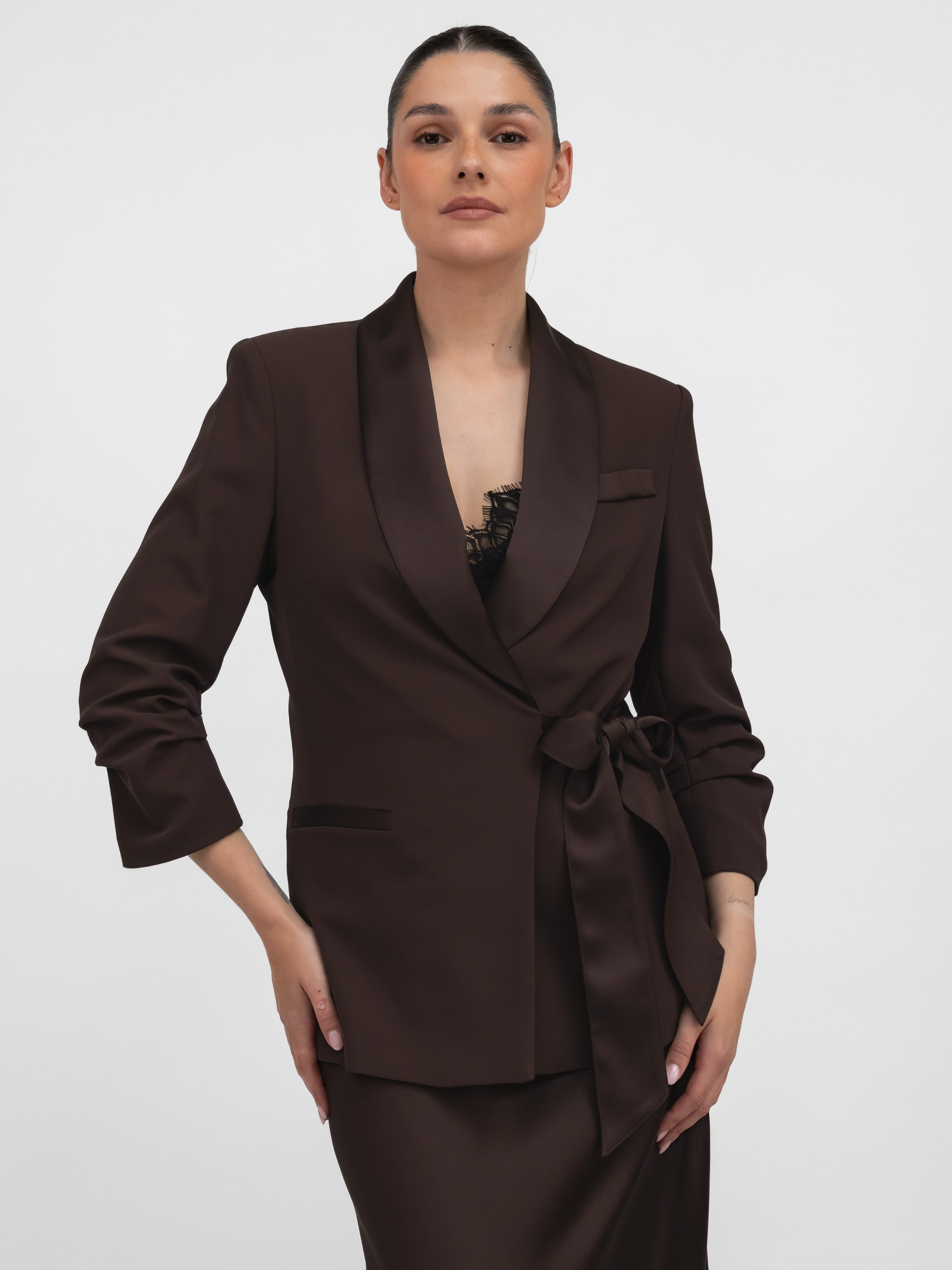 Italian Collection Jacket Blazer with side closure and satin-effect lapel in in Chocolate Brown