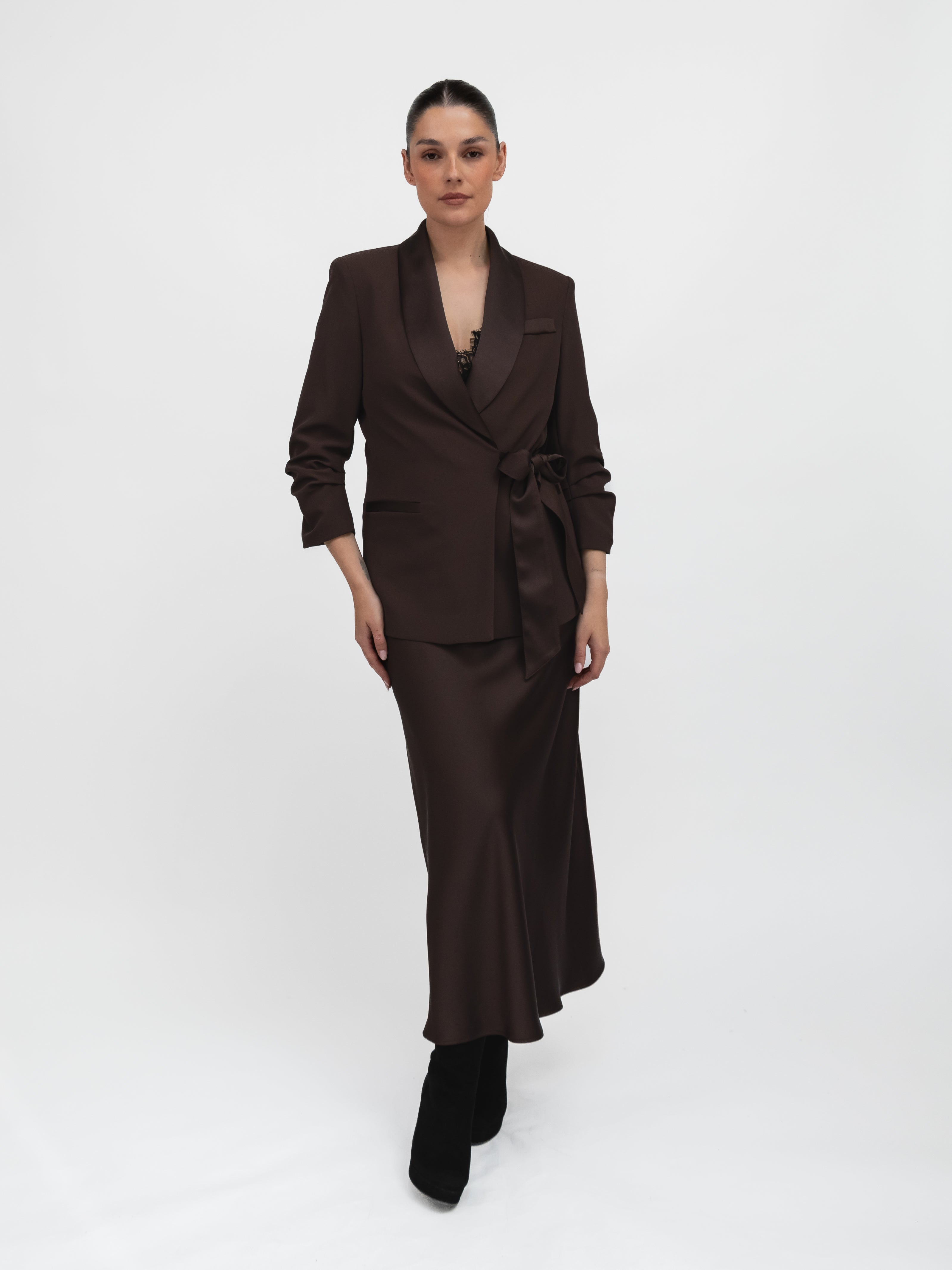 Italian Collection Jacket Blazer with side closure and satin-effect lapel in in Chocolate Brown