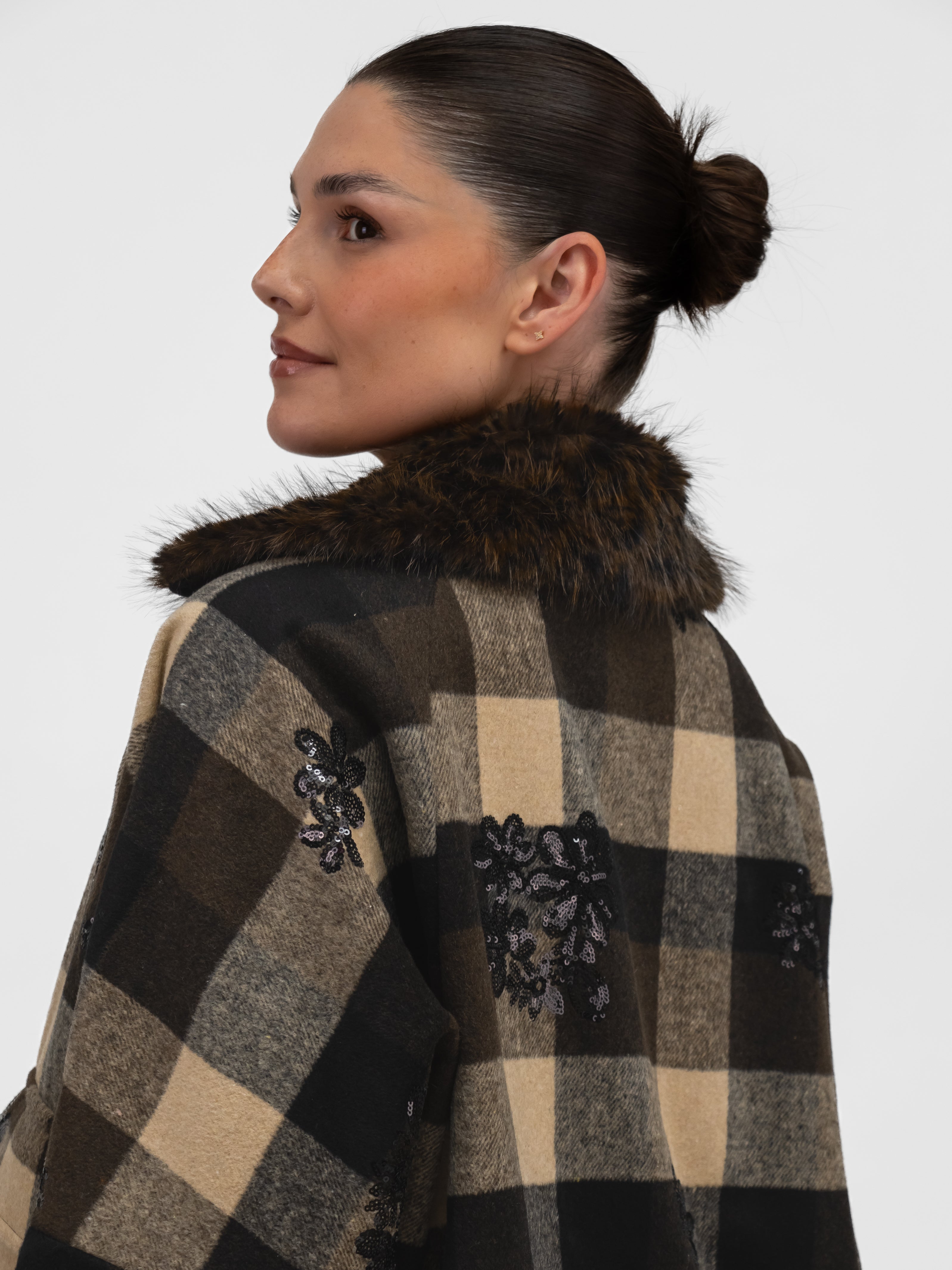 Italian Collection Jacket Cecile Check Jacket with Faux Fur Collar