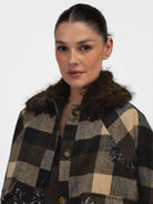 Italian Collection Jacket Cecile Check Jacket with Faux Fur Collar