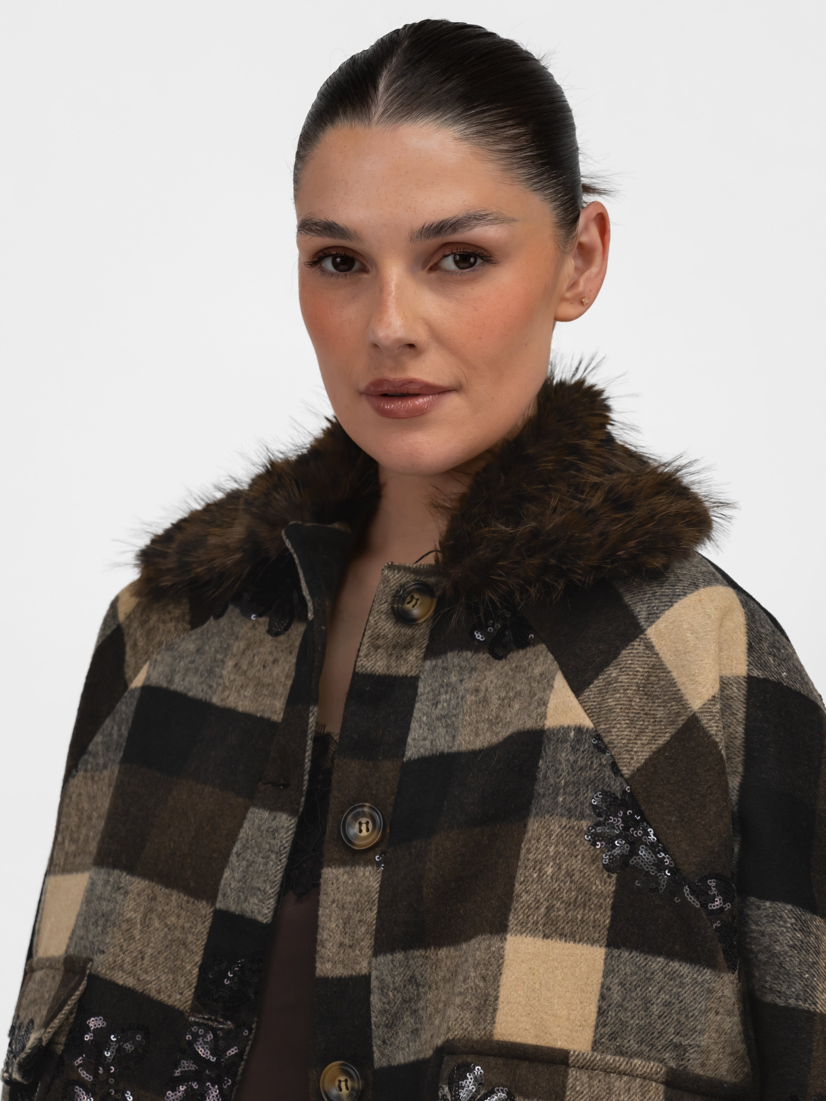 Italian Collection Jacket Cecile Check Jacket with Faux Fur Collar