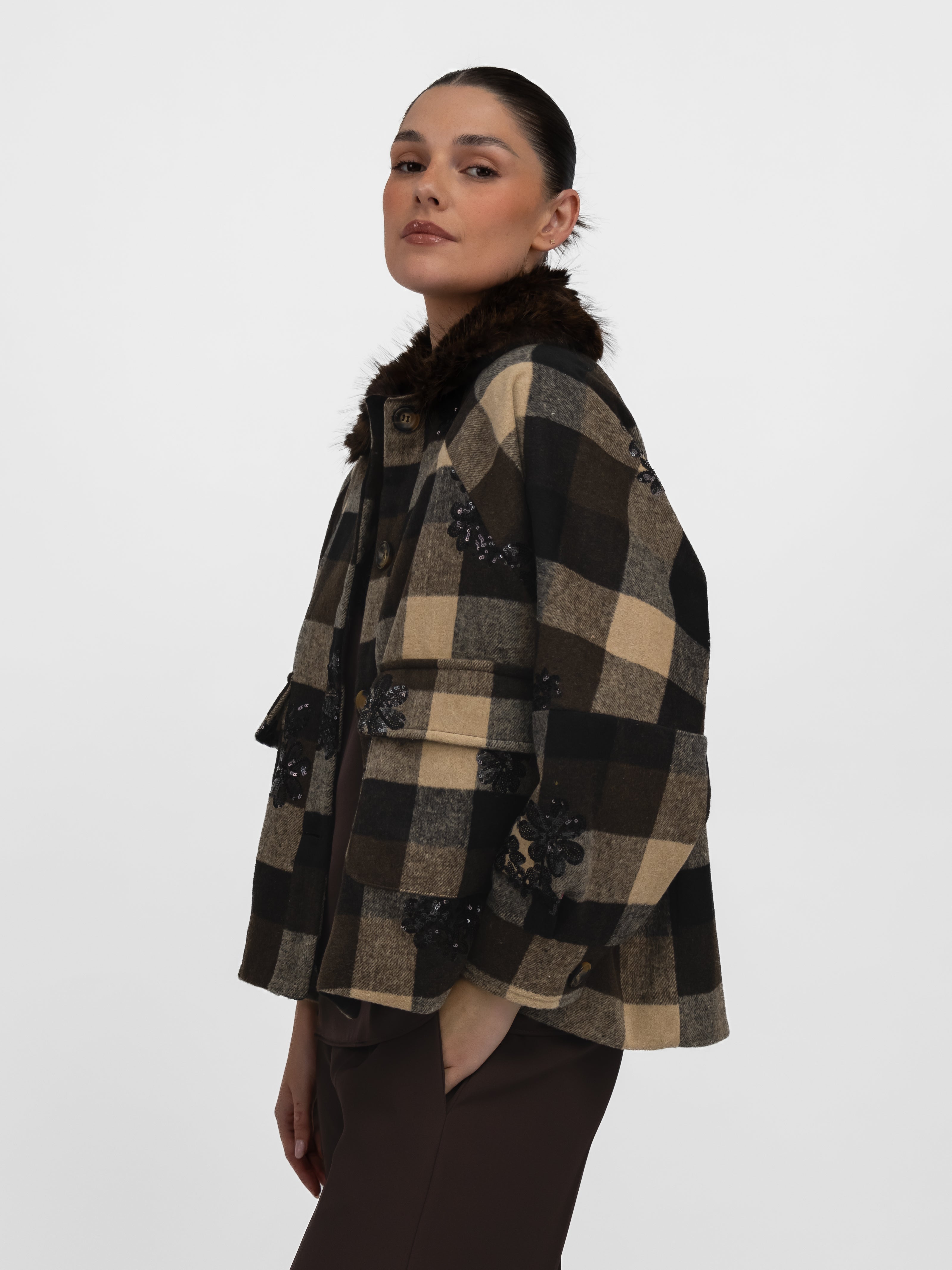 Italian Collection Jacket Cecile Check Jacket with Faux Fur Collar