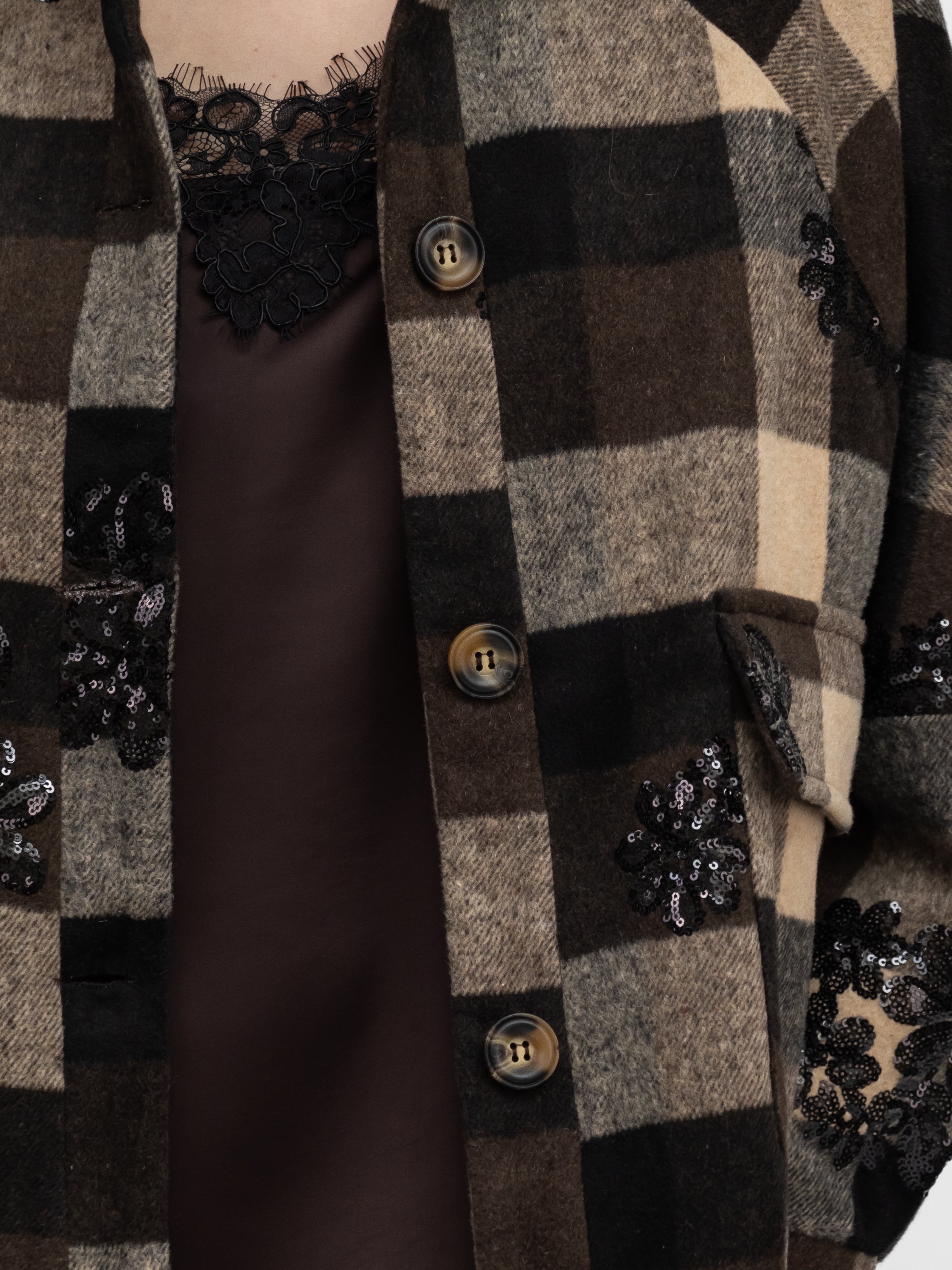 Italian Collection Jacket Cecile Check Jacket with Faux Fur Collar