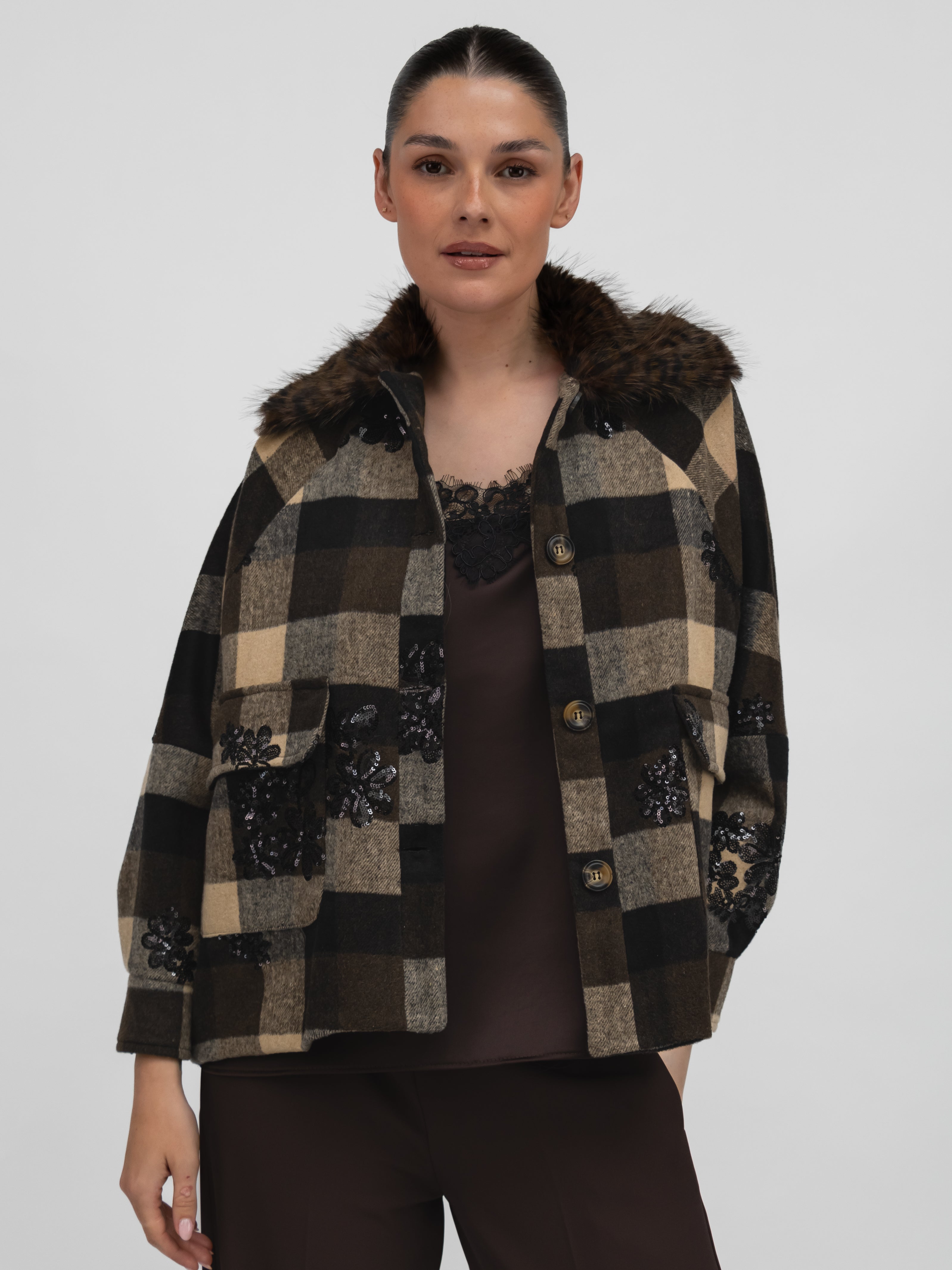 Italian Collection Jacket Cecile Check Jacket with Faux Fur Collar