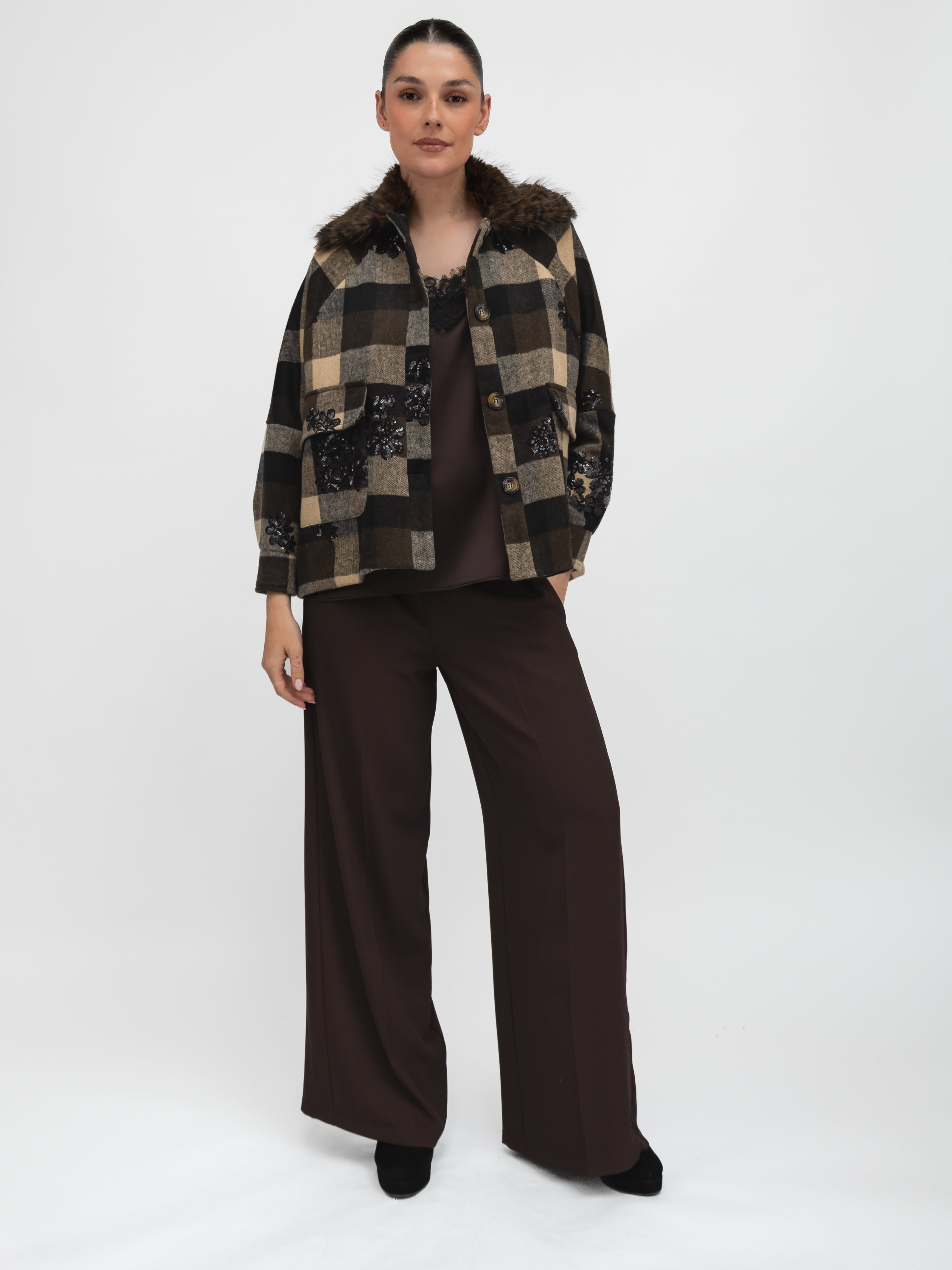 Italian Collection Jacket Cecile Check Jacket with Faux Fur Collar