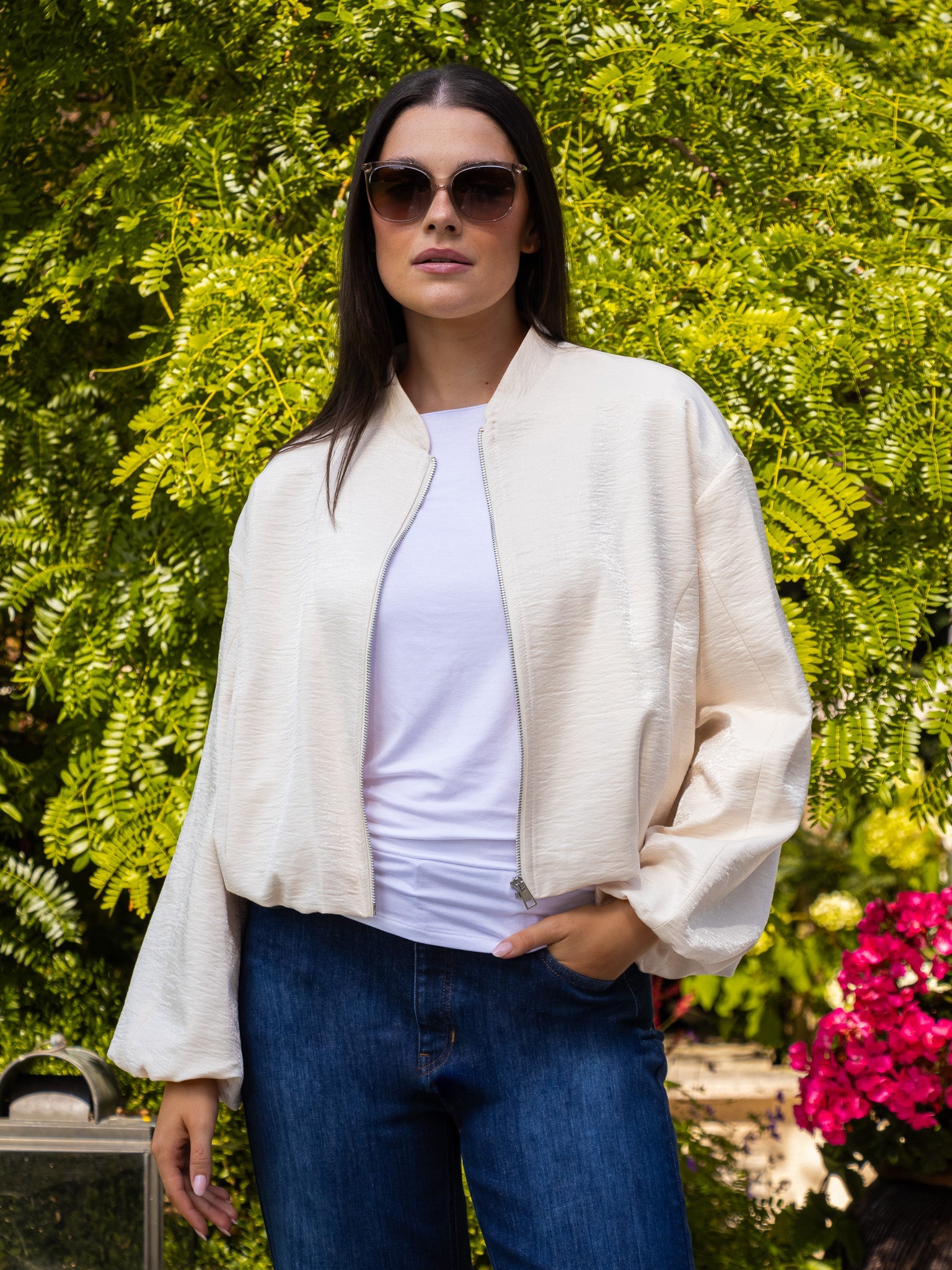 Italian Collection Jacket Cloud Crop Bomber Jacket in Ivory