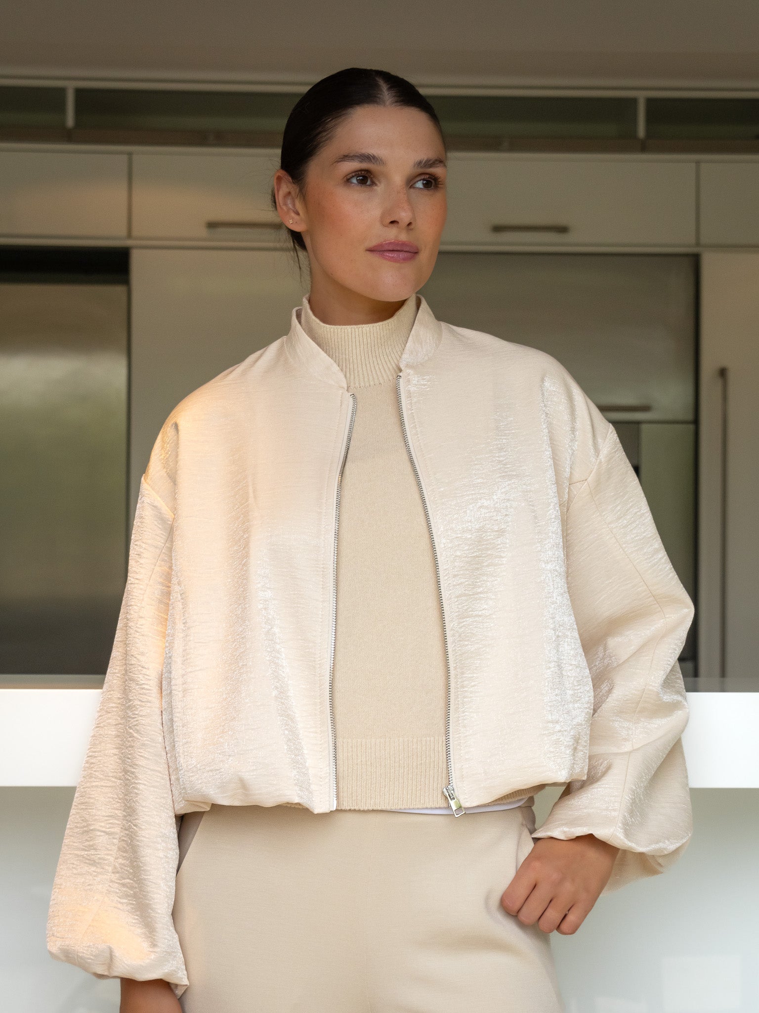 Italian Collection Jacket Cloud Crop Bomber Jacket in Ivory