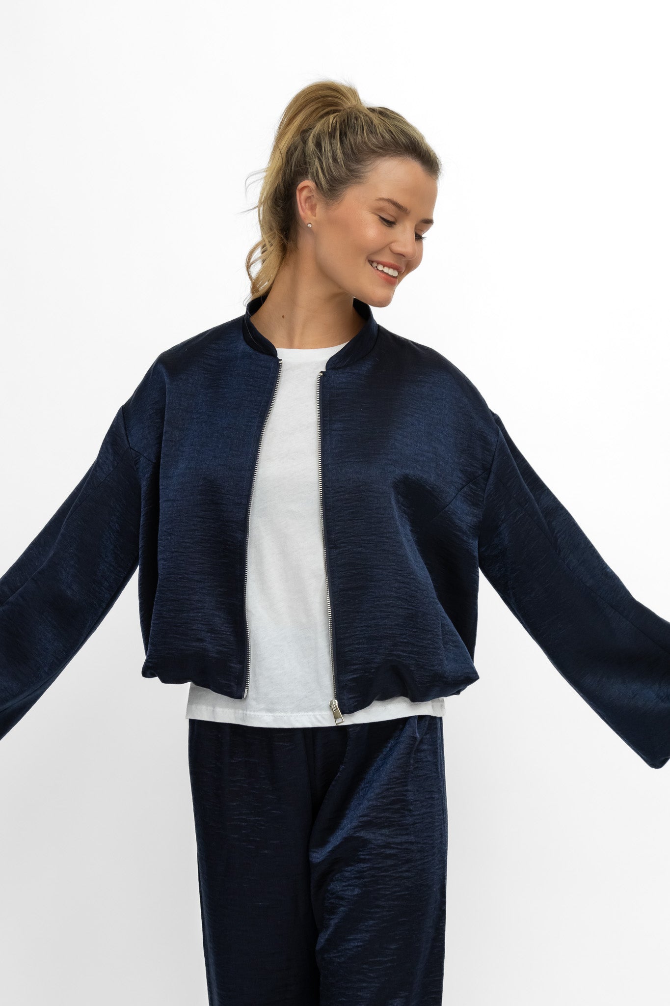 Italian Collection Jacket Cloud Crop Bomber Jacket in Midnight Blue