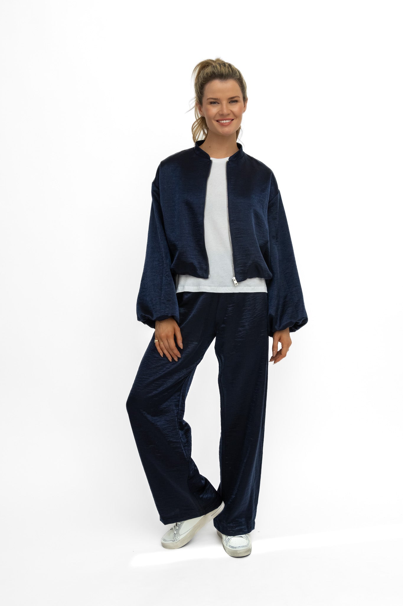 Italian Collection Jacket Cloud Crop Bomber Jacket in Midnight Blue