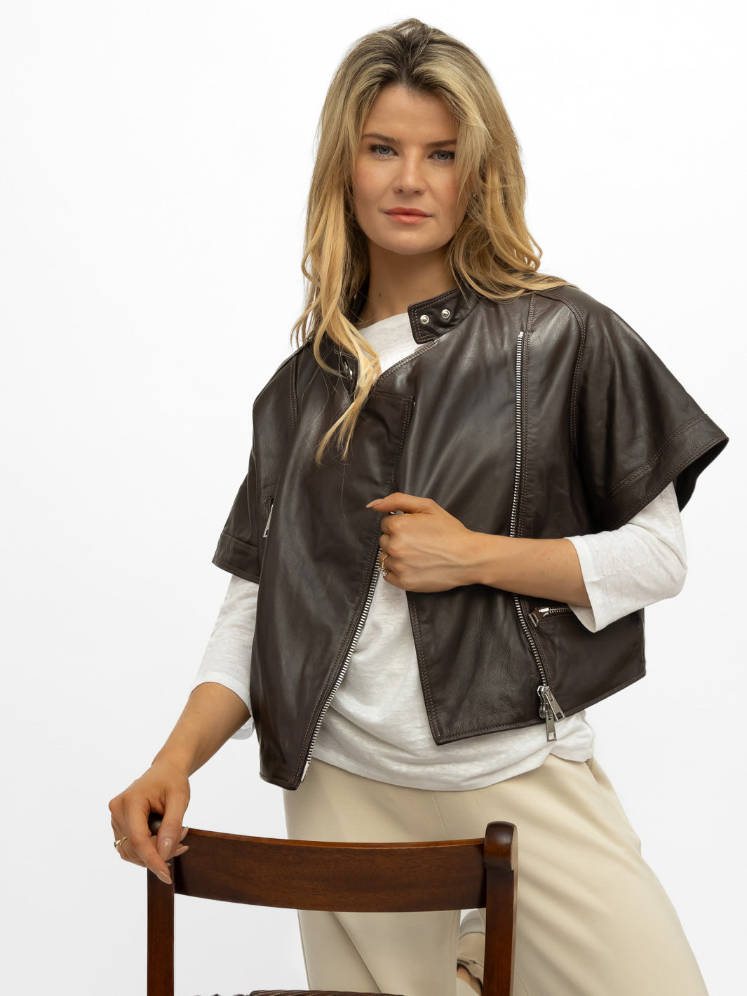 Italian Collection Jacket Cropped Leather Jacket In Chocolate Brown