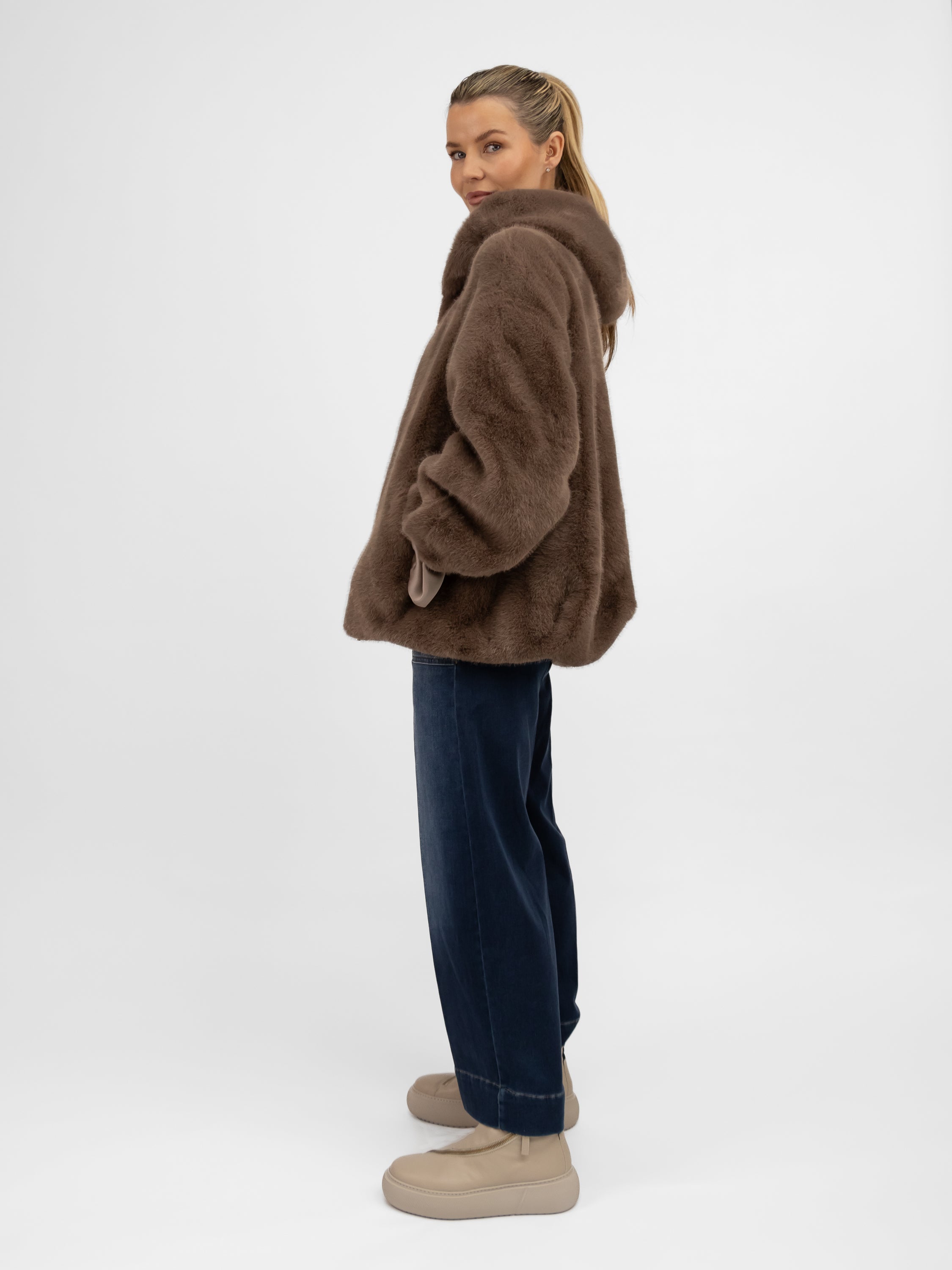 Italian Collection Jacket Faux Fur Hoodie in Dark Taupe
