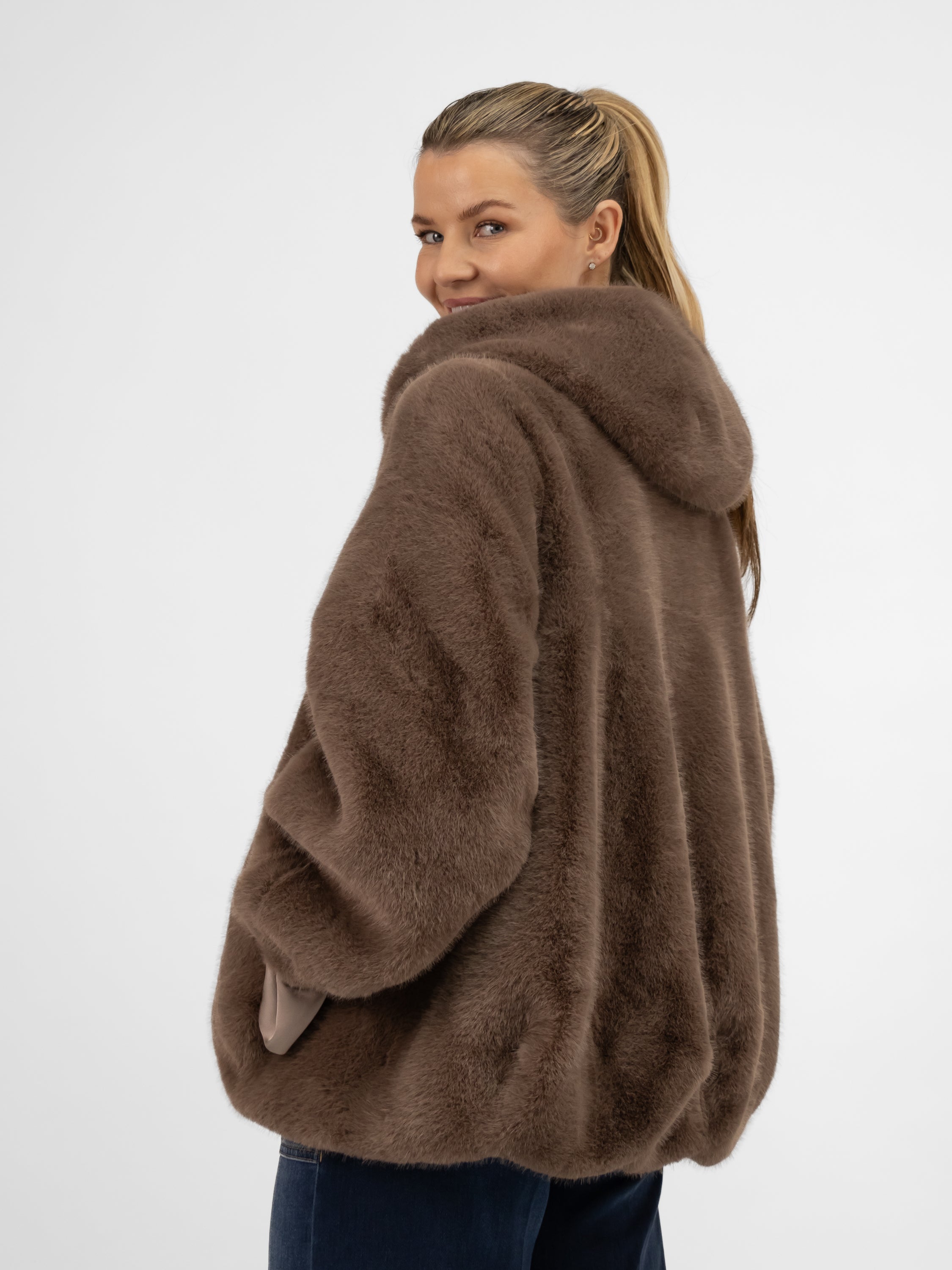 Italian Collection Jacket Faux Fur Hoodie in Dark Taupe