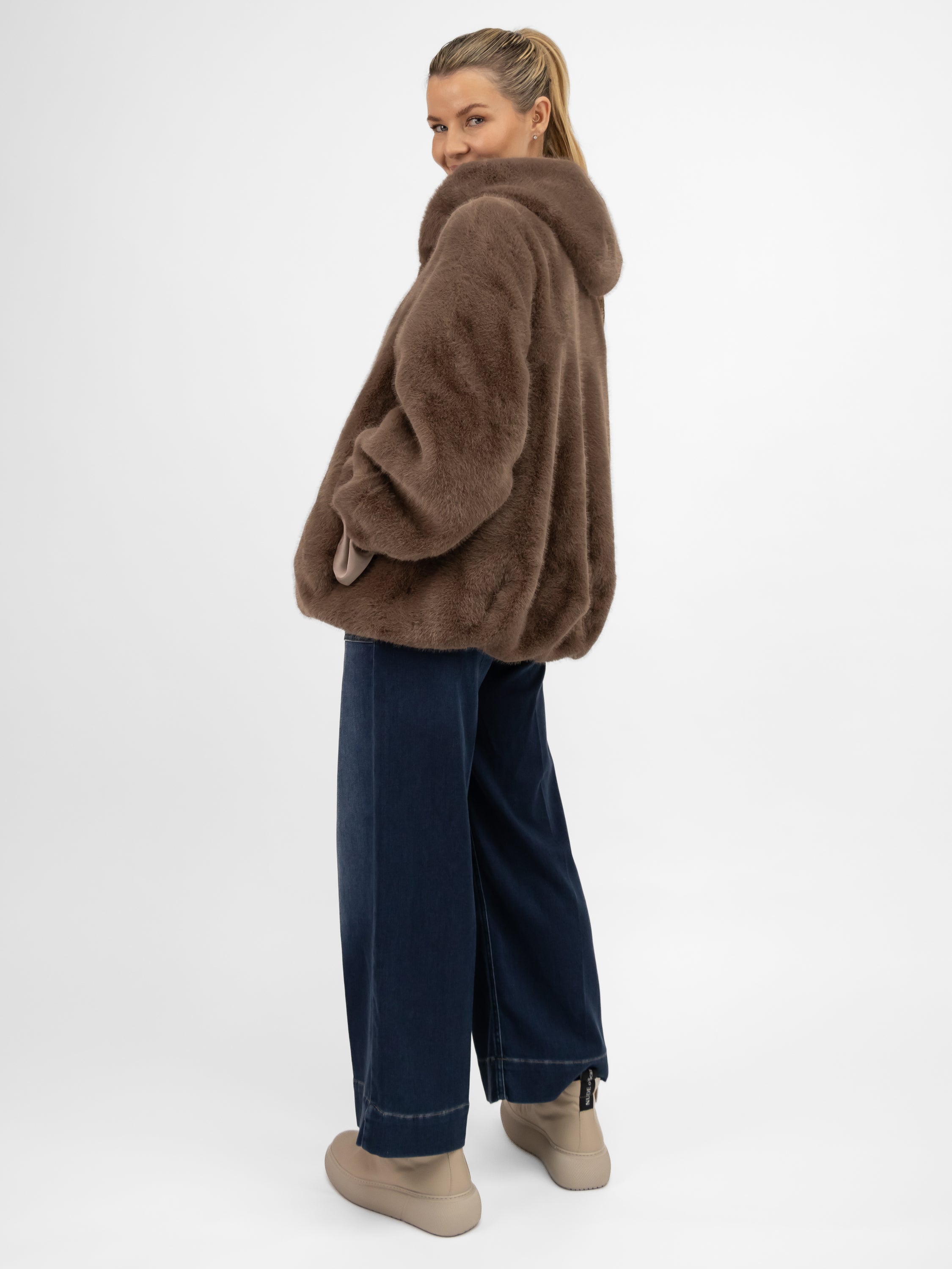 Italian Collection Jacket Faux Fur Hoodie in Dark Taupe