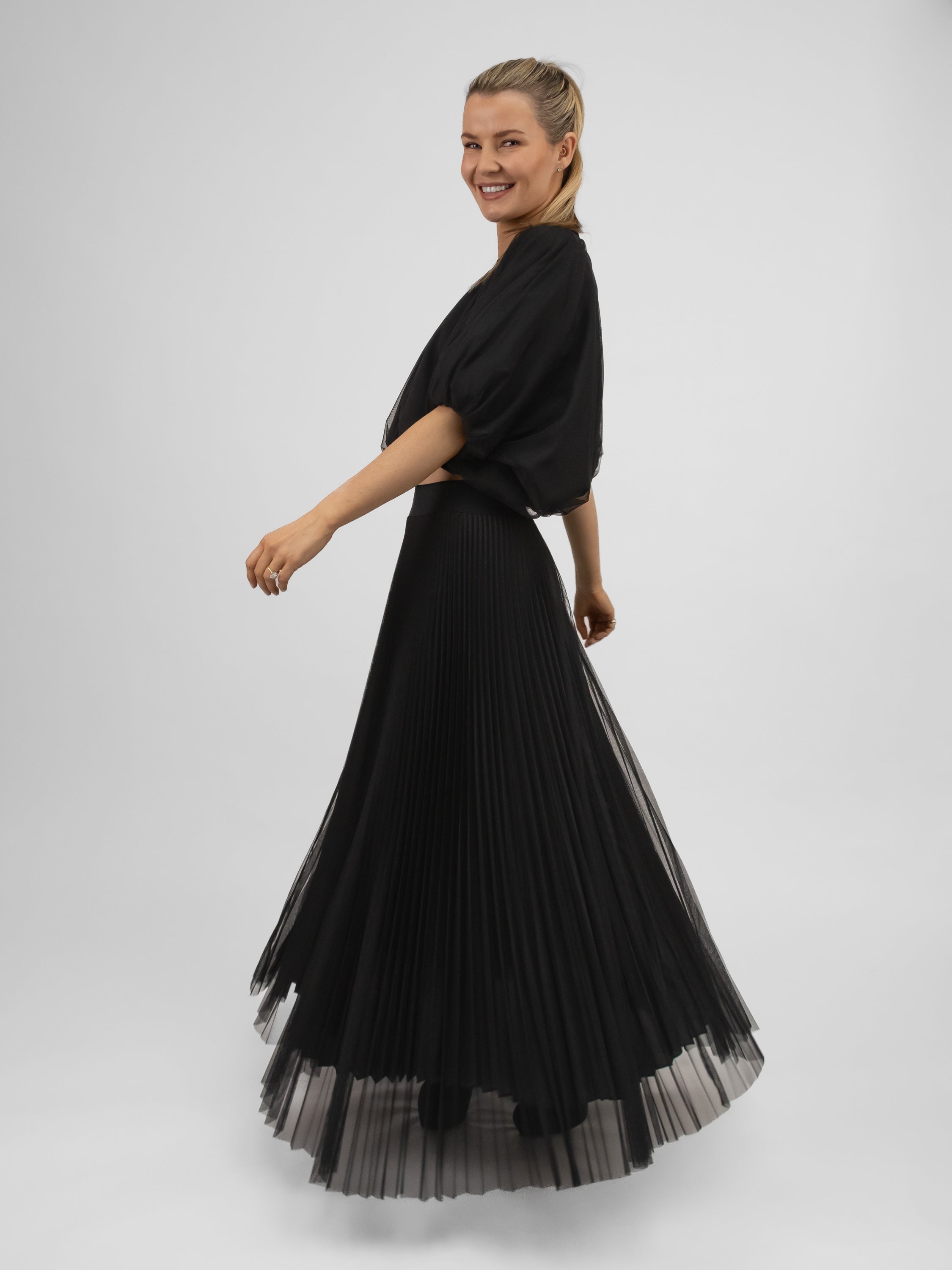 Italian Collection Long Pleated Tulle Skirt in Black