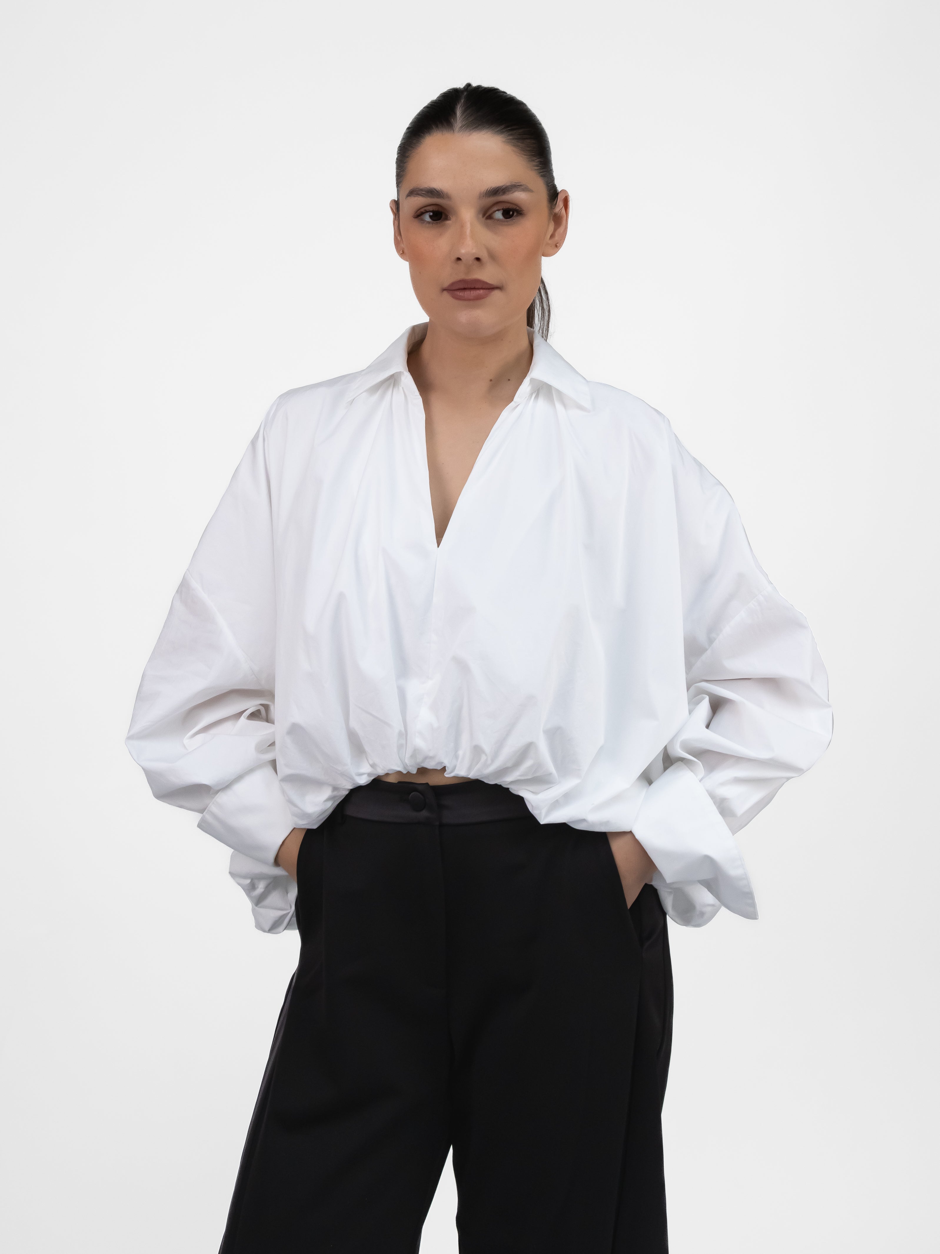 Italian Collection Shirt XS Oversize Shirt with Collar & Gathered Hem