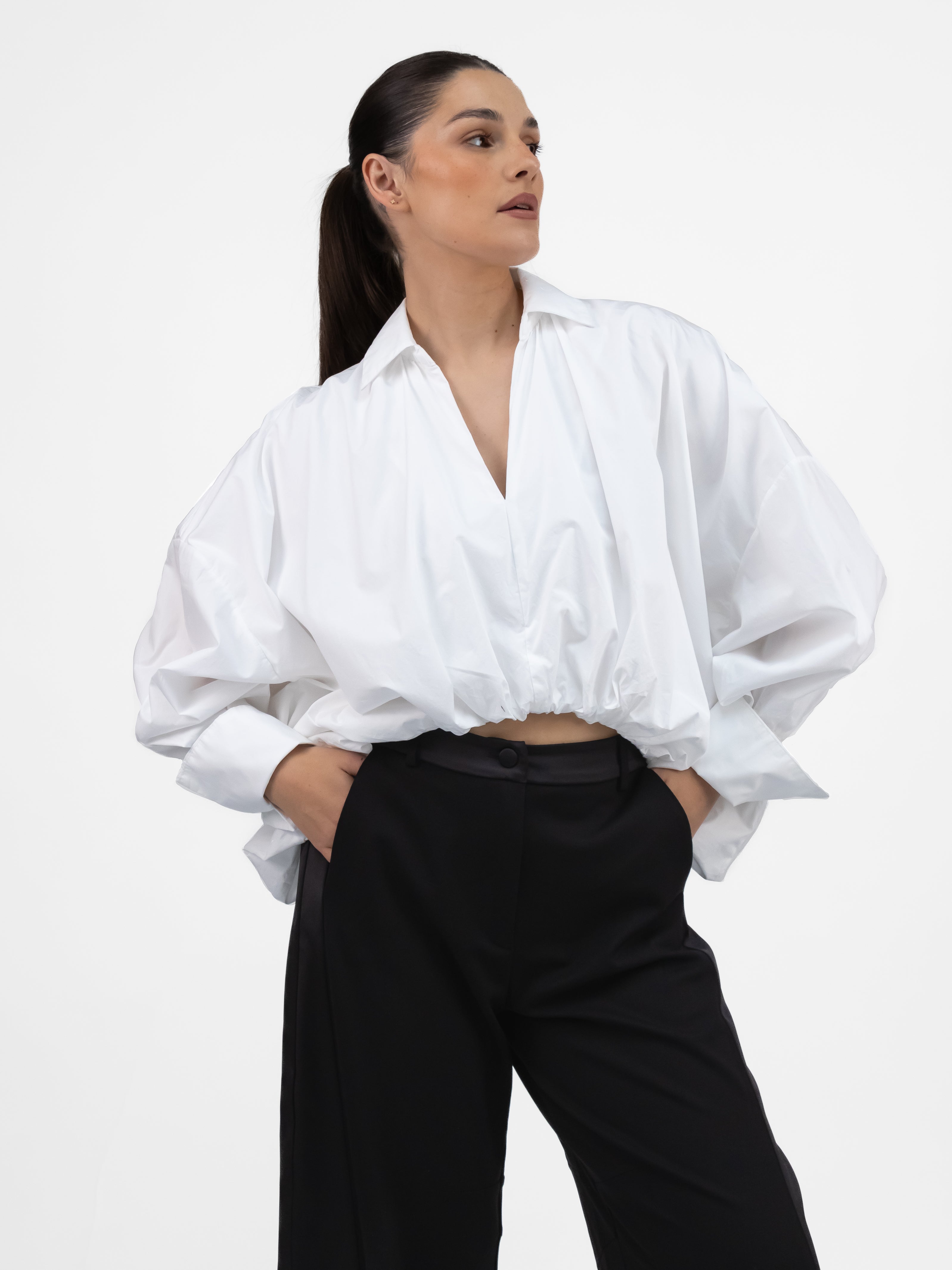 Italian Collection Shirt XS Oversize Shirt with Collar & Gathered Hem