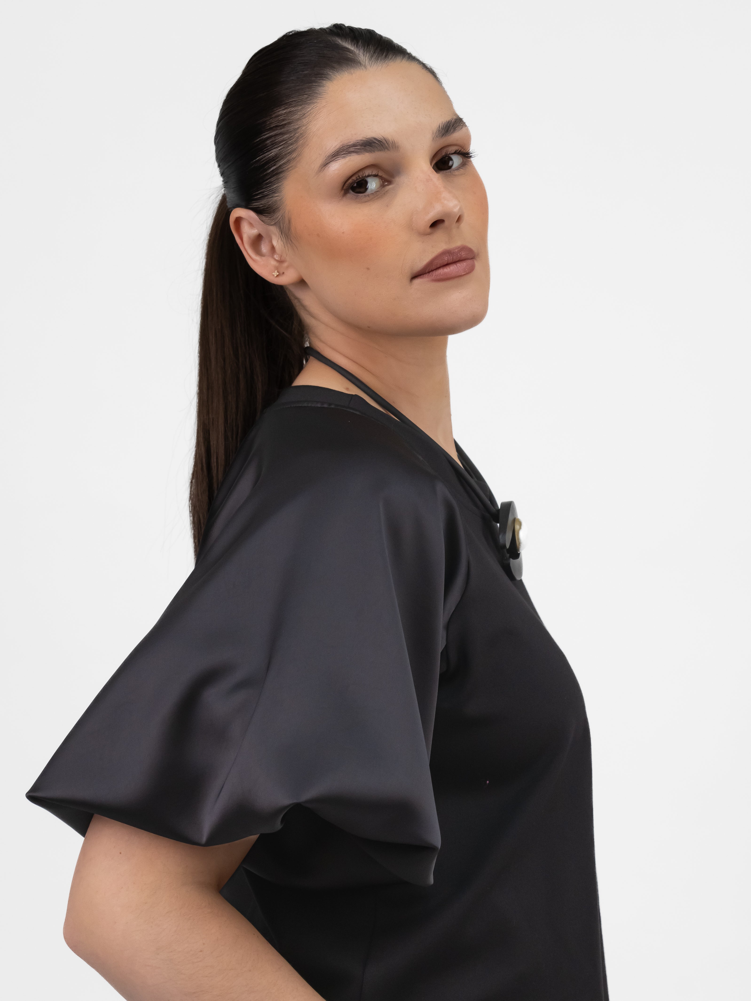 Italian Collection Sweatshirt Short Sleeve Round Neck Top in Black