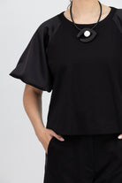 Italian Collection Sweatshirt Short Sleeve Round Neck Top in Black